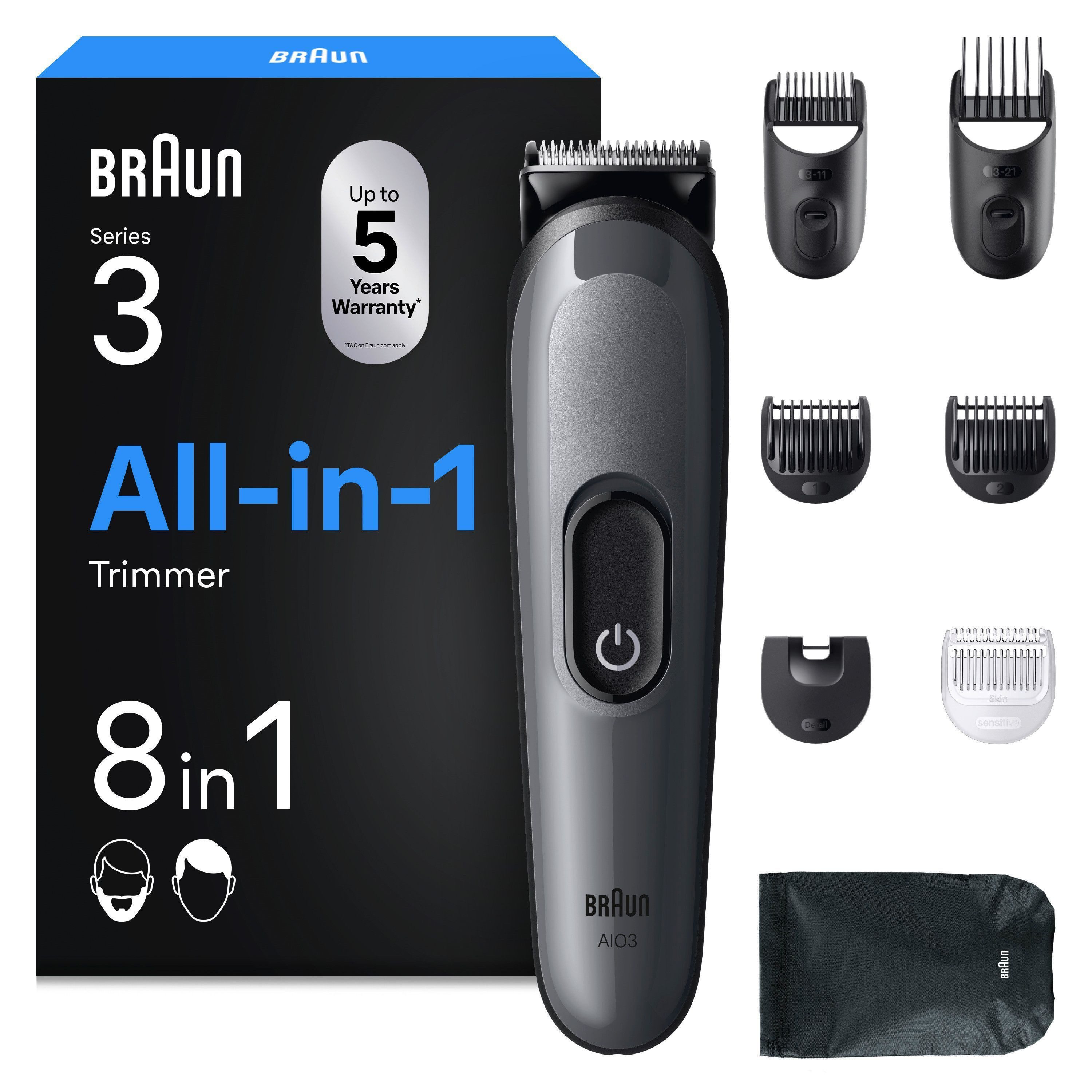 Braun Haarschneider All-in-One Series 3, 8in1 Pflegeset, ultrascharfe Klinge, 14 Längeneinstellungen, 50 Min Akkulaufzeit