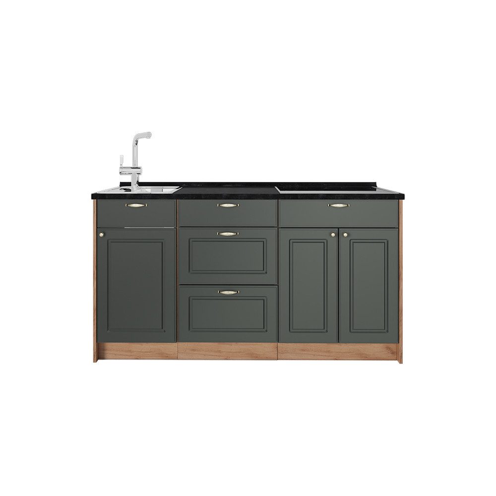 Vicco Küchenzeile Fame-Line, Grün-Gold Landhaus, 150 cm, AP Anthrazit