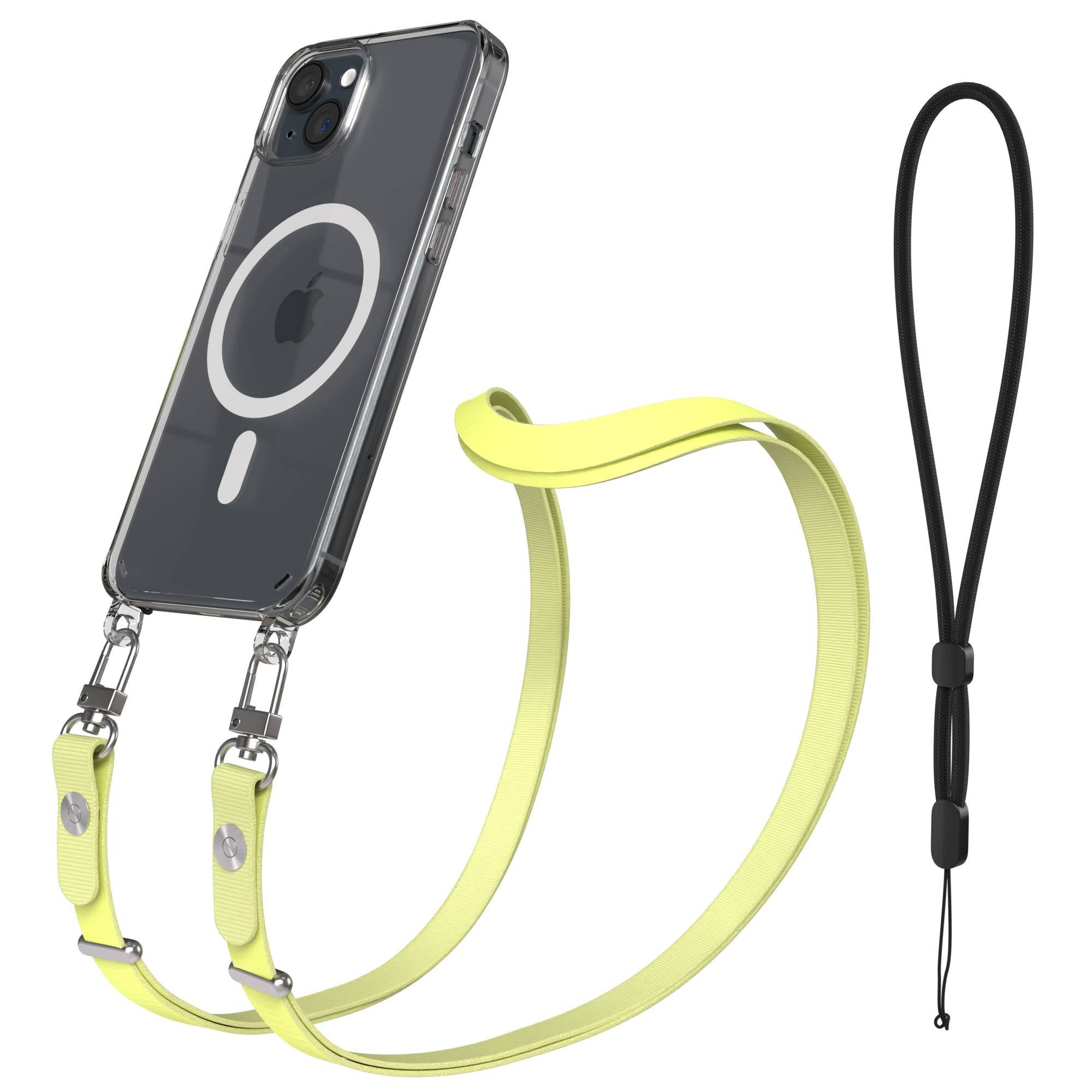 EAZY CASE Handykette für Apple iPhone 15 Plus Handyhülle mit Handyband magnetisch, MagSafe Schutzhülle in Gelb mit flexibler Kette bis 1,90 m