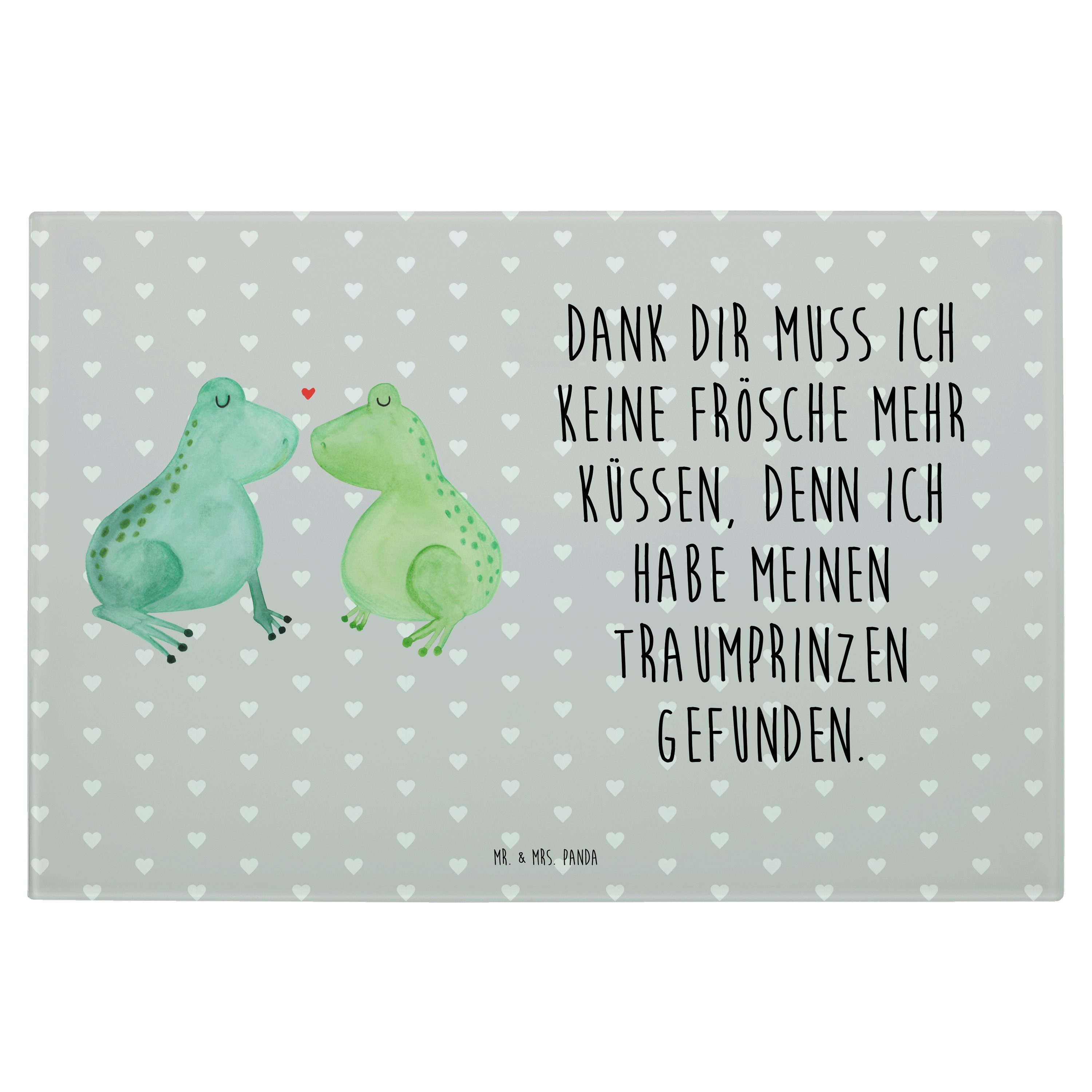 Mr. & Mrs. Panda Servierbrett Frosch Liebe - Grau Pastell - Geschenk, Verliebt, Schneidebrett, Jahr, Premium Glas, (1-St)