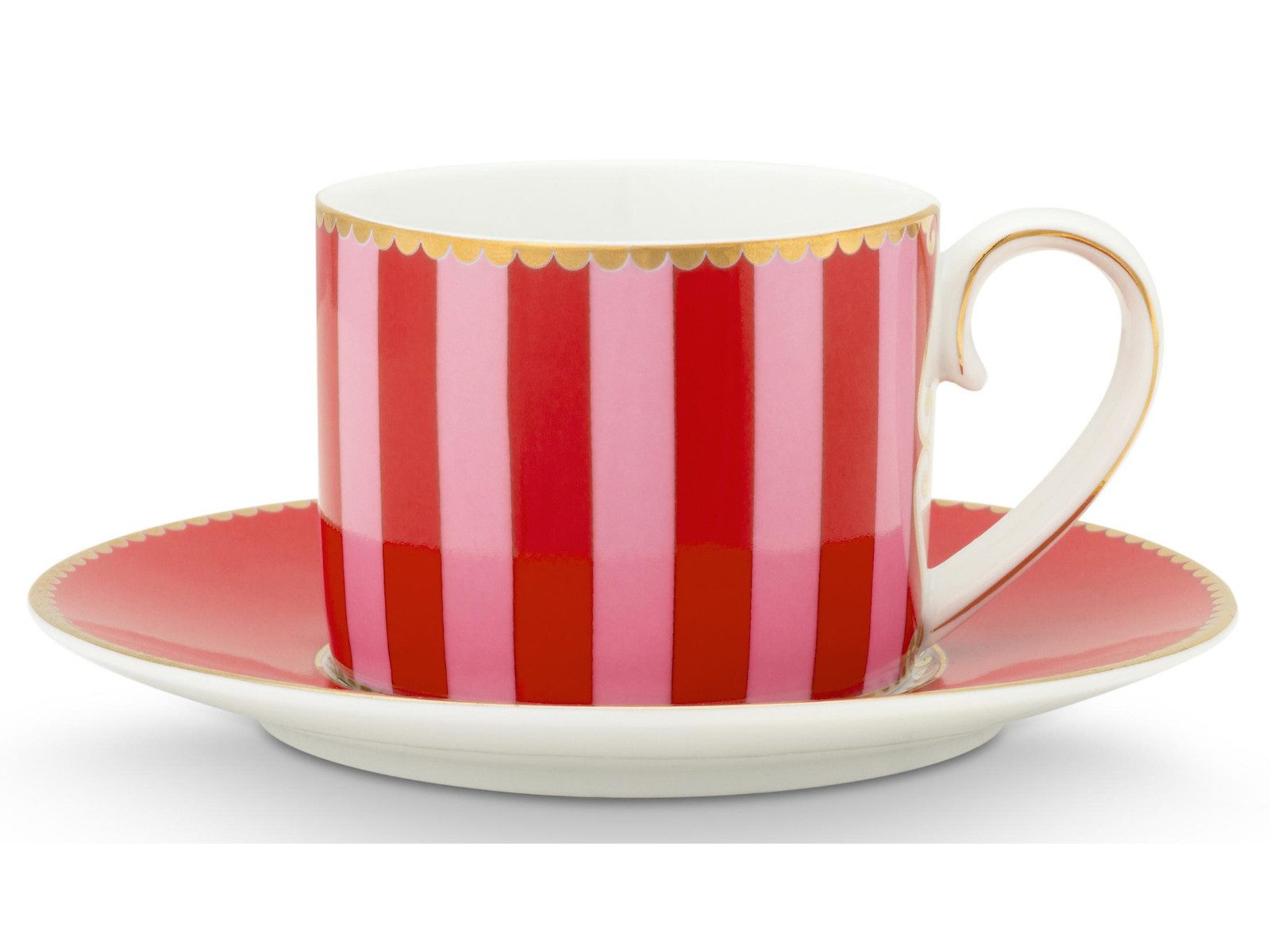 PiP Studio Espressotasse Love Birds Stripes Red-Pink Espressotasse mit Untertasse 0,125l Set2, Porzellan