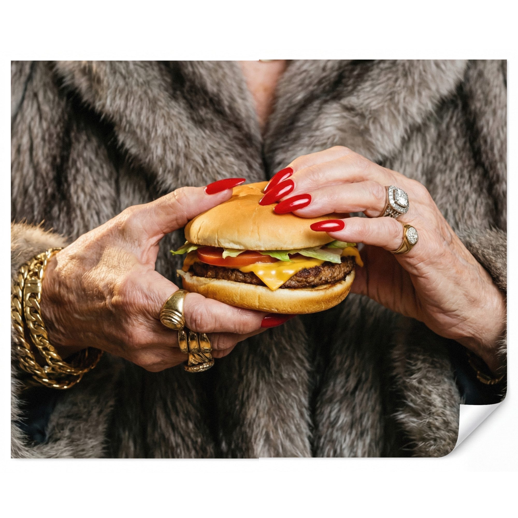 OnlyWow Fototapete Frau - Hamburger - Pelzmantel, Matt, bedruckt, Wanddekoration, Wandtapete, Schlafzimmer 260x220cm