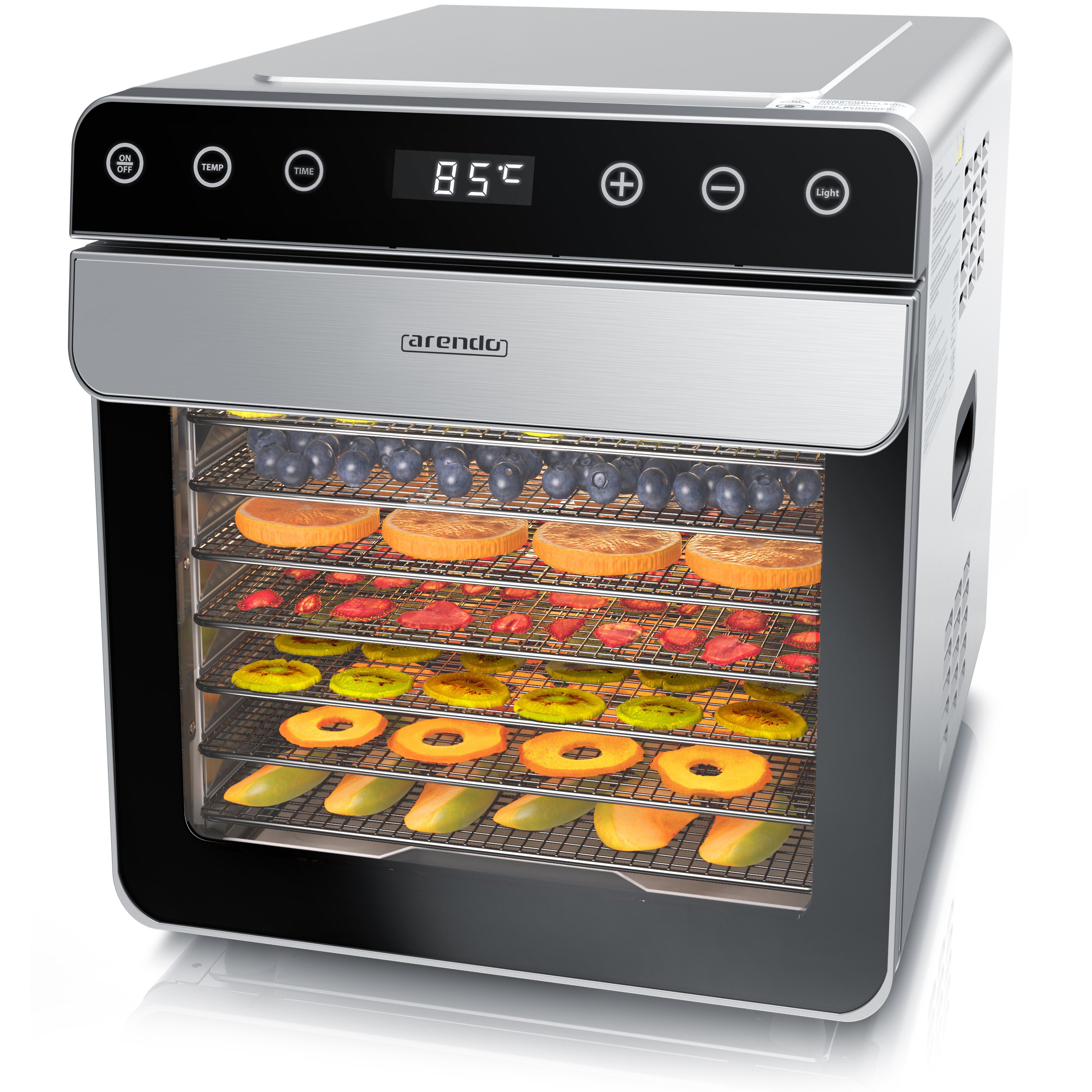 Arendo Dörrautomat Edelstahl, Temperaturregler von 35° bis 85°C, Dörrgerät, Dehydrator, 700 W, 8 Etagen, Obst, Fisch, Fleisch Dörrapparat, Obsttrockner, Timer 0,5-24 Stunden