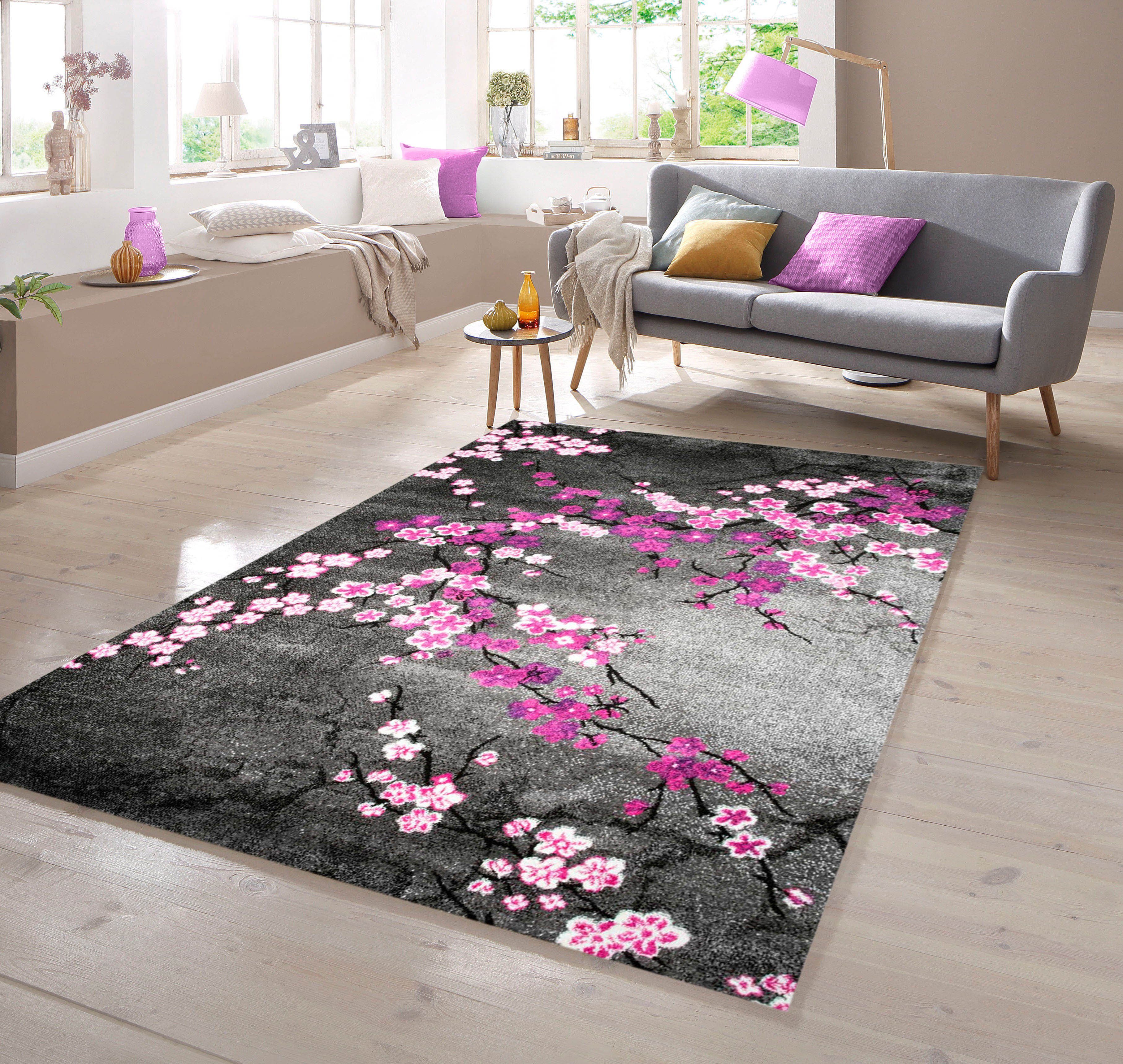 Teppich Designer Teppich mit Blumenmuster Grau Lila Pink, TeppichHome24, rechteckig