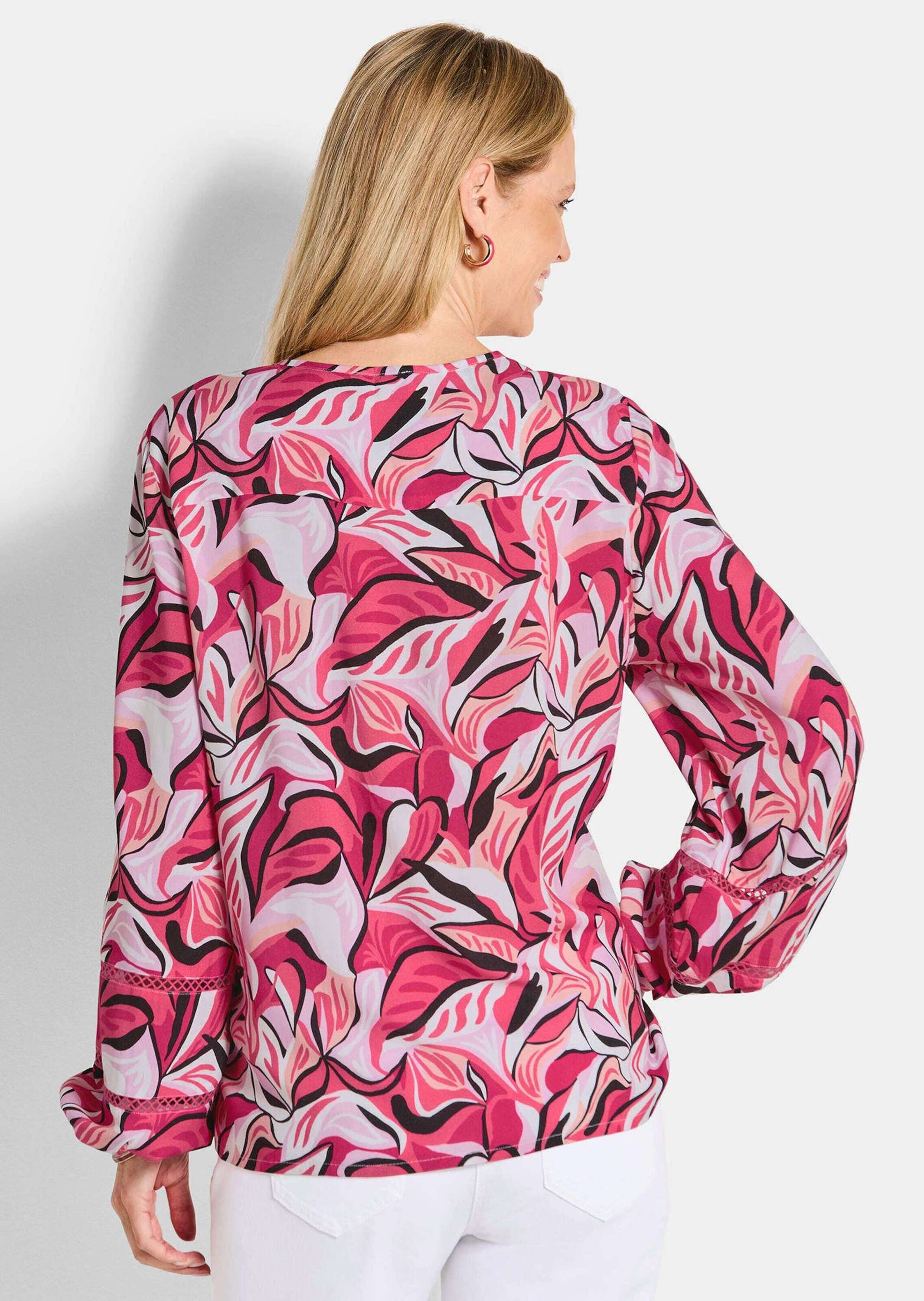 GOLDNER Kurzarmbluse Viskosebluse mit floralem Muster Schlupfbluse mit Rundhals, Spitzenakzenten und Langarm