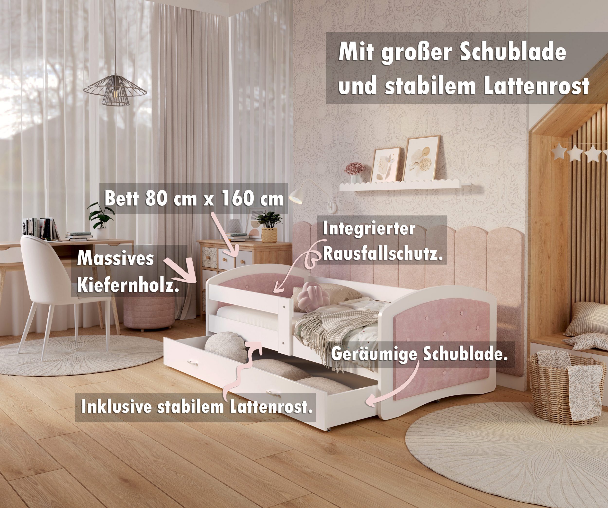 AJKmeble Kinderbett mit Rausfallschutz, 80x160, 80x180, 90x200cm inkl. Latt günstig online kaufen