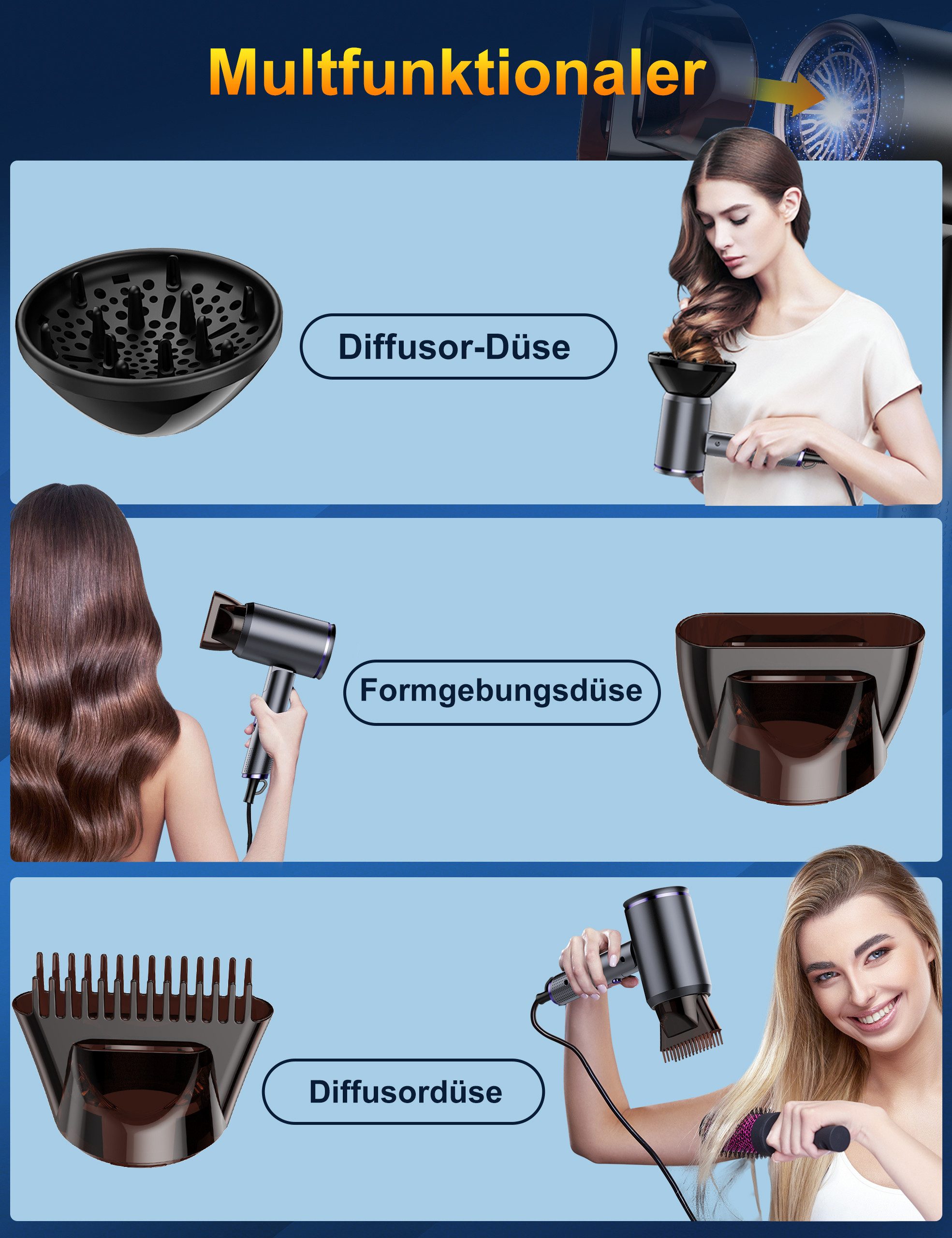 OYLCDI Haartrockner Föhn Ionen,klappbar, Weihnachtsgeschenk, Hair Dryer, 2400 W, mit 3 Stylingdüsen & 6 Temperatureinstellungen,Klappbar Haartrockner, Hairdryer – Bild 5 von 5