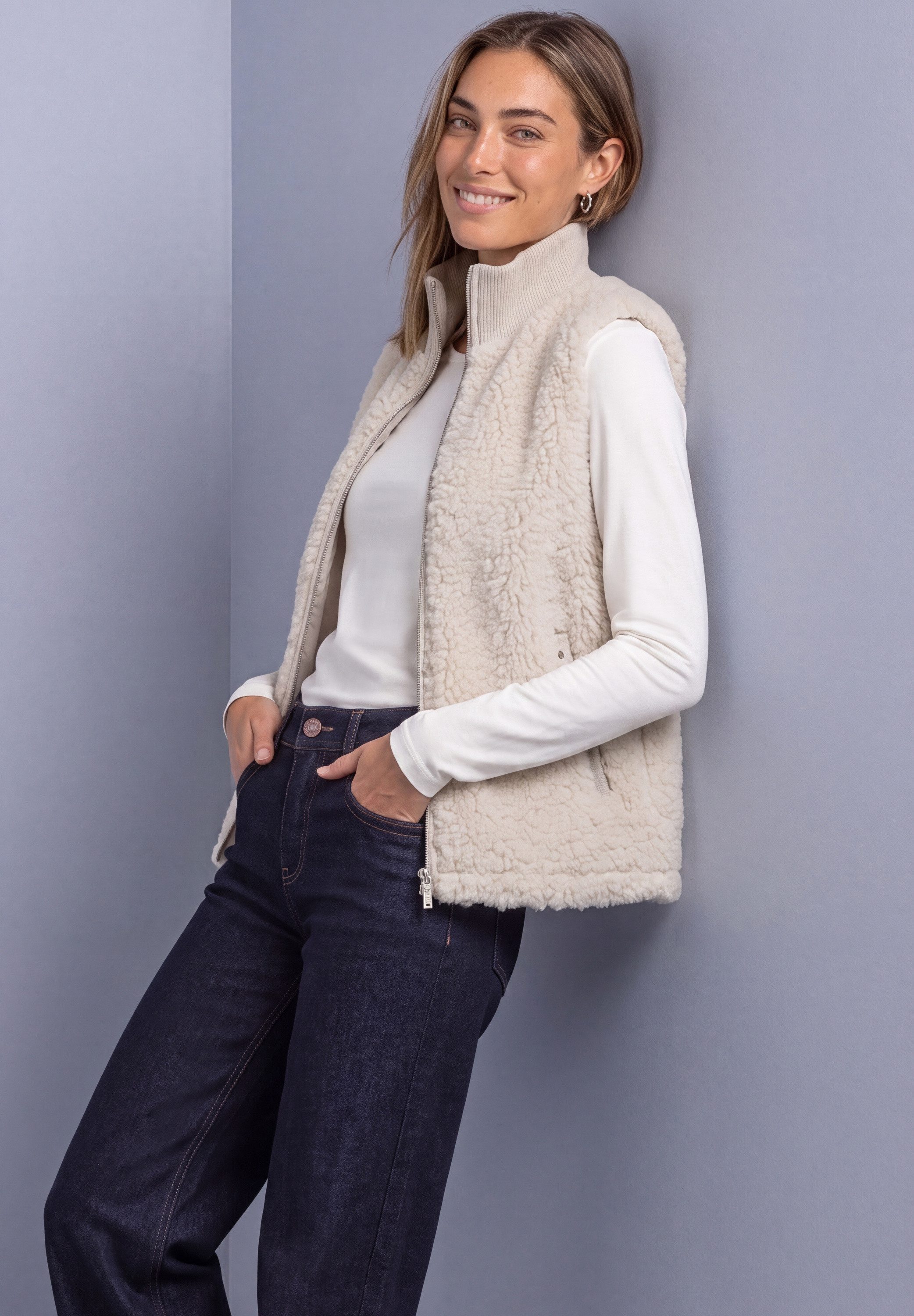 STREET ONE Fellimitatweste Fake Fur Weste mit Strickdetails / Stehkragen