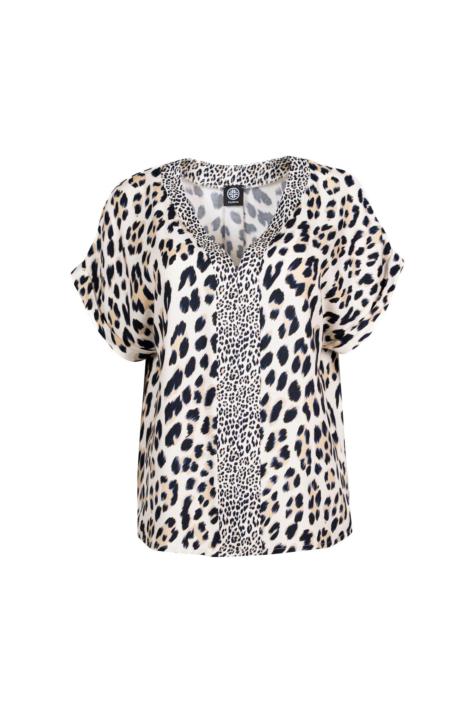 Faber Kurzarmbluse Bluse mit V-Ausschnitt und Leo-Print