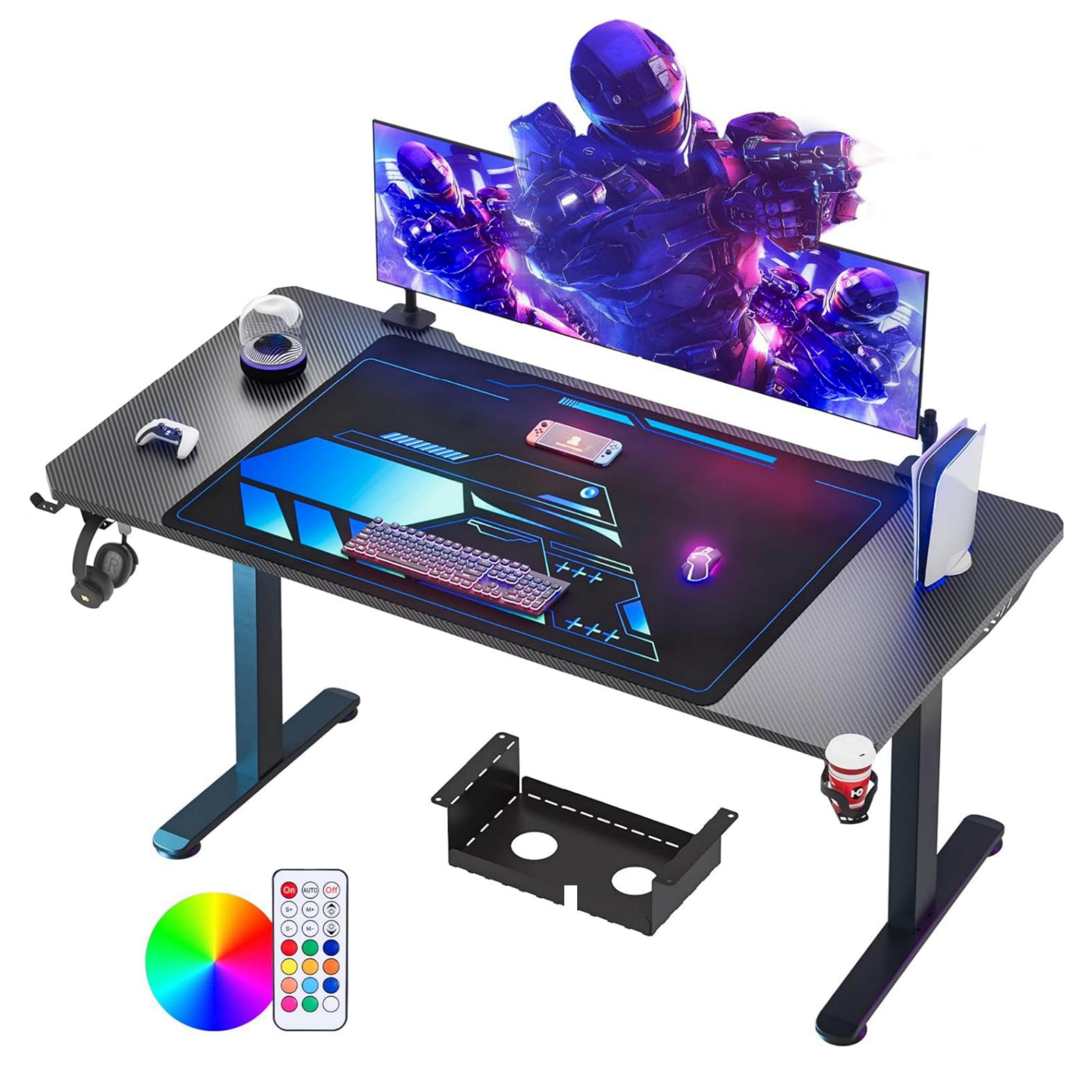 LUCKZON Gamingtisch mit LED-Beleuchtung, Kohlefaseroberfläche, Kabelmanagem günstig online kaufen
