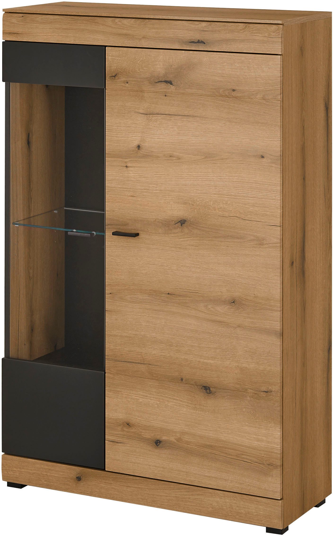 Home affaire Vitrine Soleto, Vitrinenschrank in Evoke Eiche, moderne Glasvitrine ausreichend Stauraum, schwarze Griffe aus Metall, zeitlos