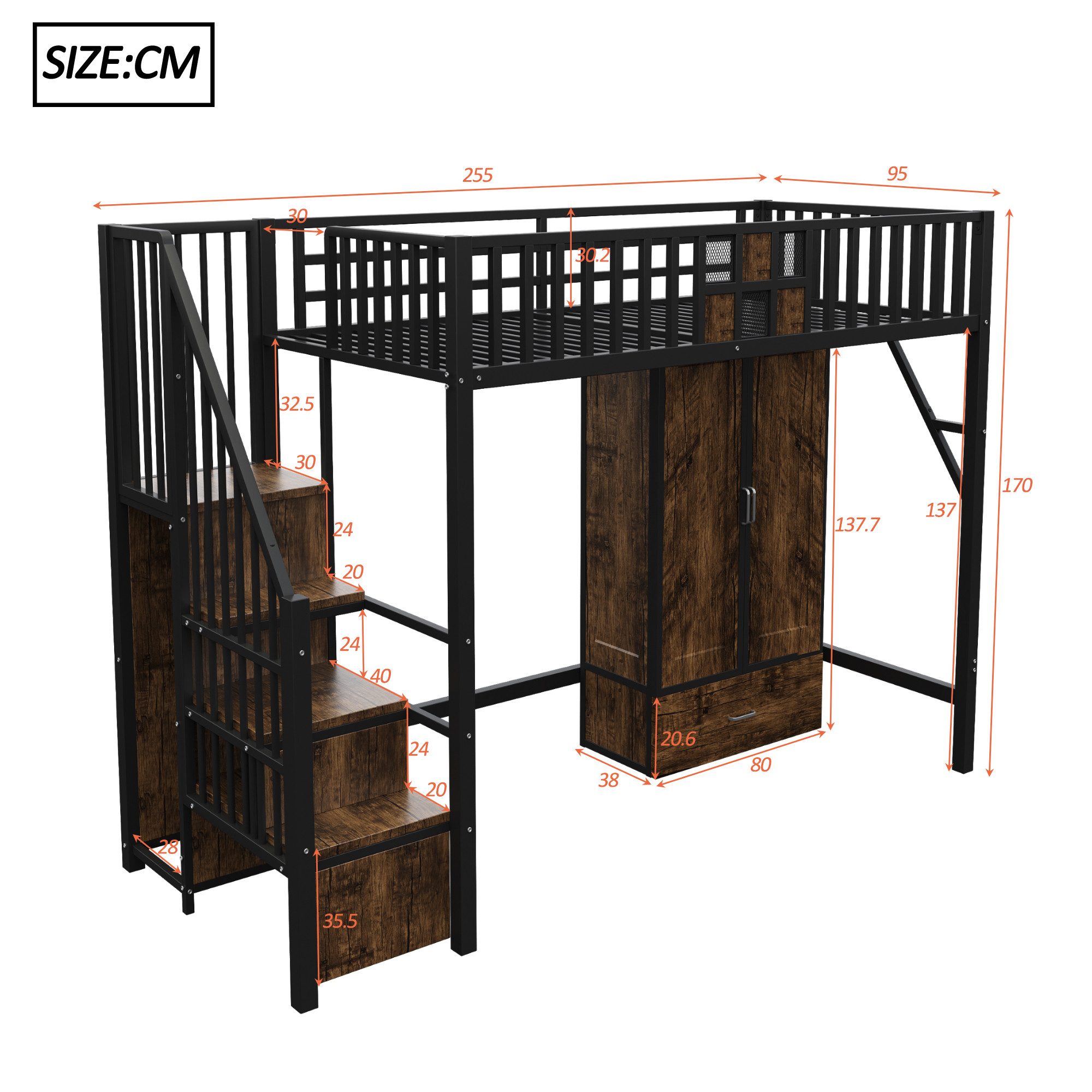 KLAM HOME Hochbett Hochbett mit integriertem Kleiderschrank und Aufbewahrungsleiter (Innovatives Raumwunder mit markantem Holz-Metall-Design) Perfekte Schlaf- und Stauraumlösung für Teenager und Erwachsene