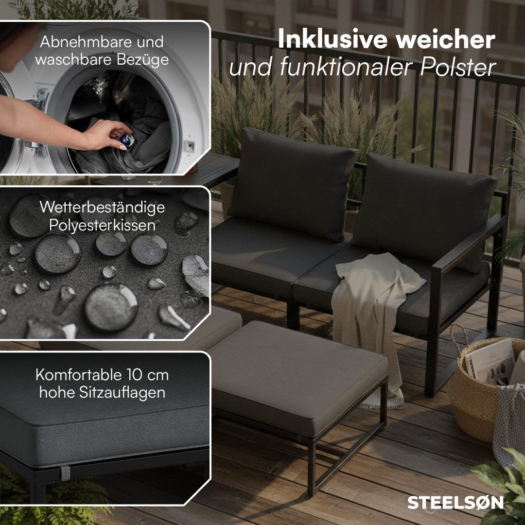 STEELSØN Sitzgruppe Asteri 5-teilig mit Sesseln & Tisch, (schwarz/anthrazit), inkl. Sitzpolster, Gartenmöbel-Set Metallgestell, als 2- oder 4-Sitzer