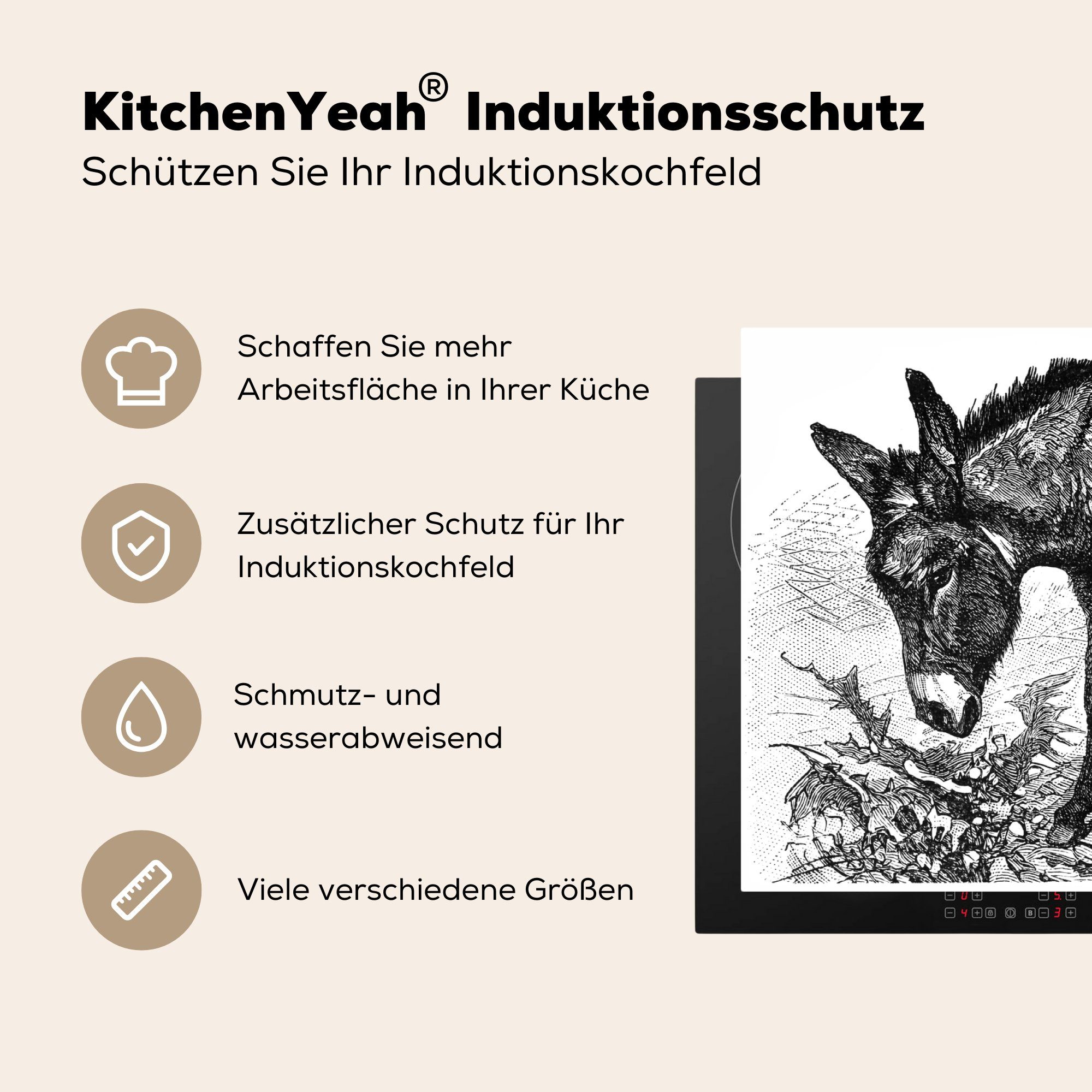 Herdblende-/Abdeckplatte (1 Esels 83x51 auf tlg), Illustration küche für Eine Vinyl, Arbeitsplatte eines cm, einem Ceranfeldabdeckung, MuchoWow Bauernhof,