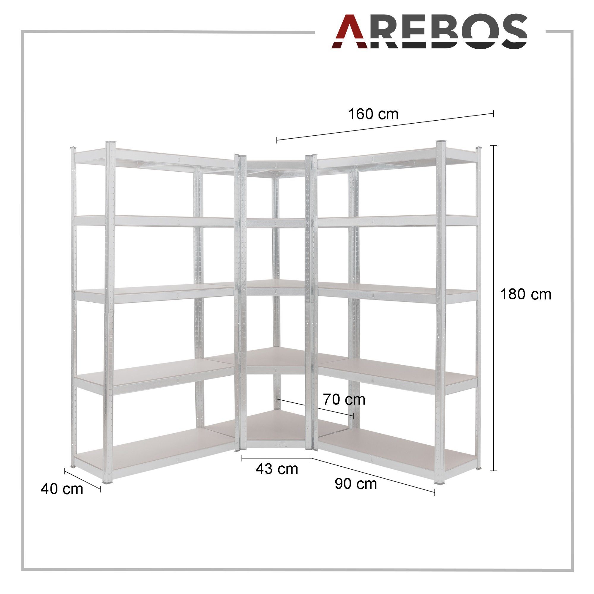Arebos Schwerlastregal 2x 180 x 90 x 40 cm Eckregal 180 x 70 x 70 cm, je 875 kg, Set 3-tlg., Flexibel einsetzbar: für Werkstatt, Garage, Keller oder Lager – Bild 4 von 5