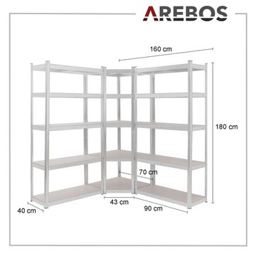 Arebos Schwerlastregal, Eckregal 180 x 90 x 40 cm, 180 x 70 x 70 cm, je 875 kg, Set 3-tlg., Stecksystem