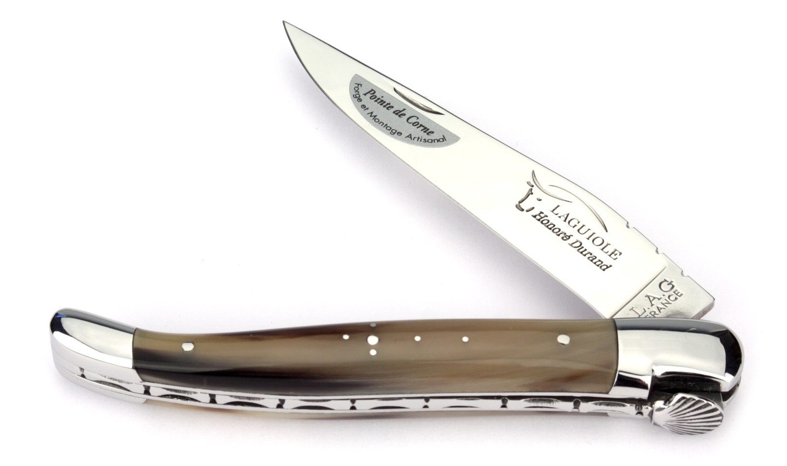 Laguiole Honoré Durand Taschenmesser 2LA112IB2CJT12PCO0 BLONDE, Pilgermesser - Griff 12cm Hornspitze - Feder verziert - Stahl glänzend