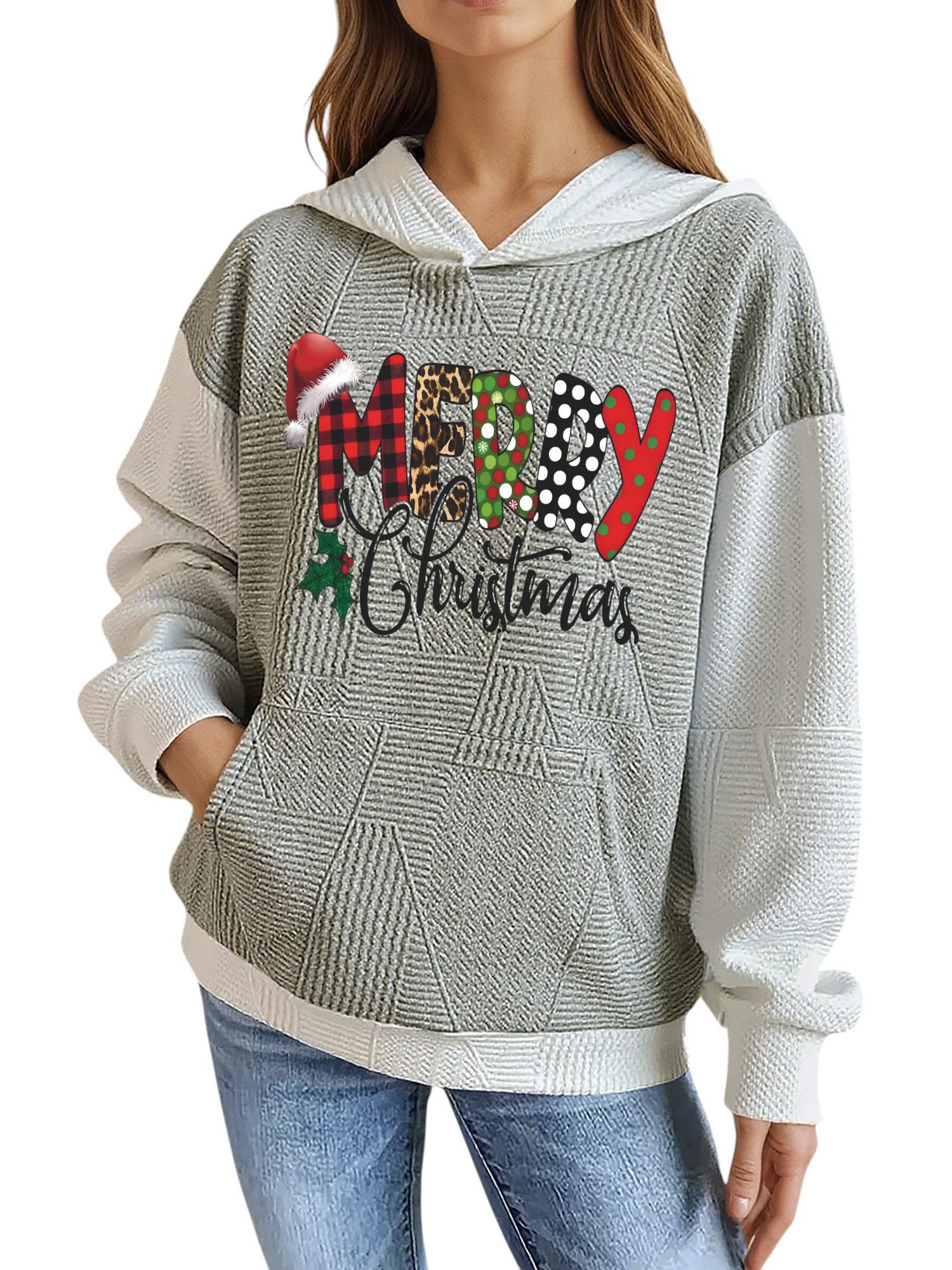 PYLIKE Kapuzenpullover Damen Festlich Kapuzenpullover mit Weihnachten-Print & Großtaschen Strukturierte Stoffe,Festlich Streetstyle für den Winter