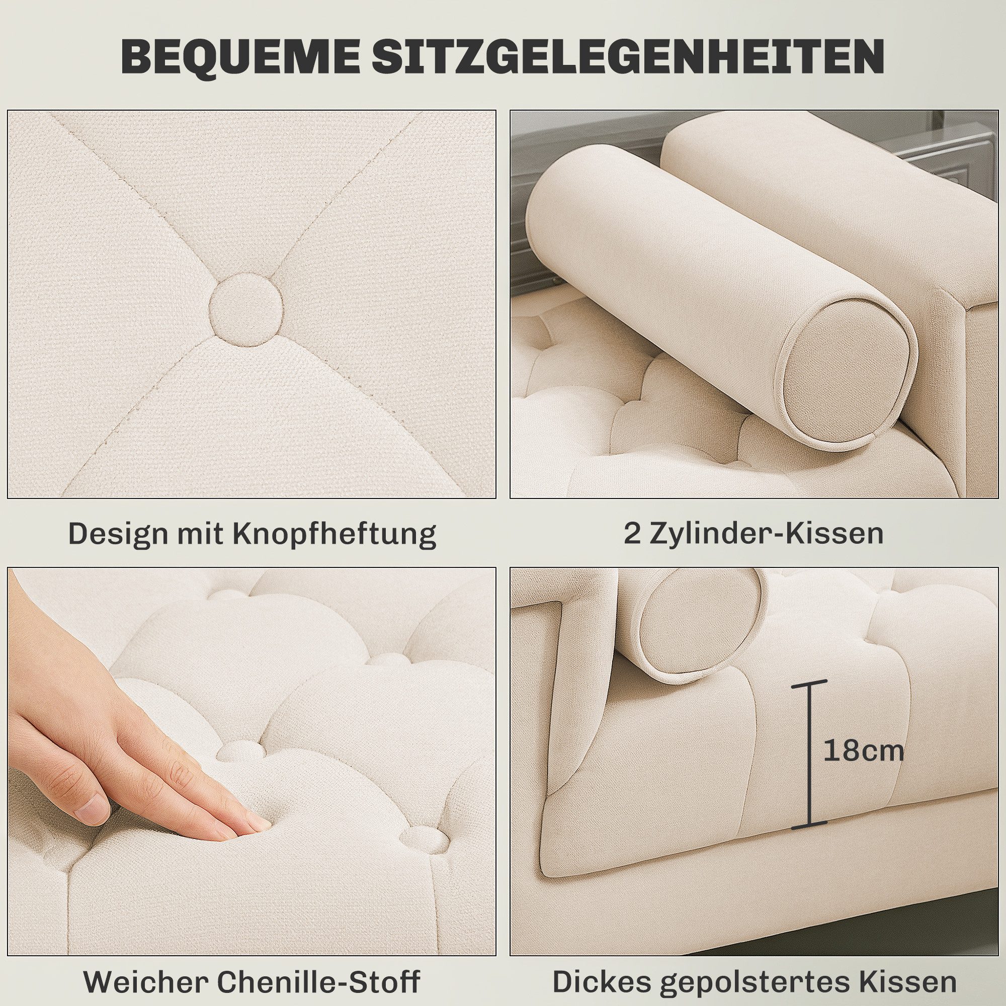 HOMCOM Polsterbank Sitzbank mit Chenille-Bezug, Armlehne, Bettbank (Bettbank, 1-St., Schuhbank), für Schlafzimmer, Wohnzimmer, Flur 115 x 44 x 58 cm Beige – Bild 4 von 5