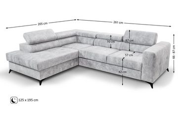 Beautysofa Ecksofa Sorento, mit Schlaffunktion, Bettkasten, verstellbare Kopfstützen, modernes Polsterecke,Cappucino / Silber / Hellgrau, Grau / Orange, L-Form Schlafeckcouch