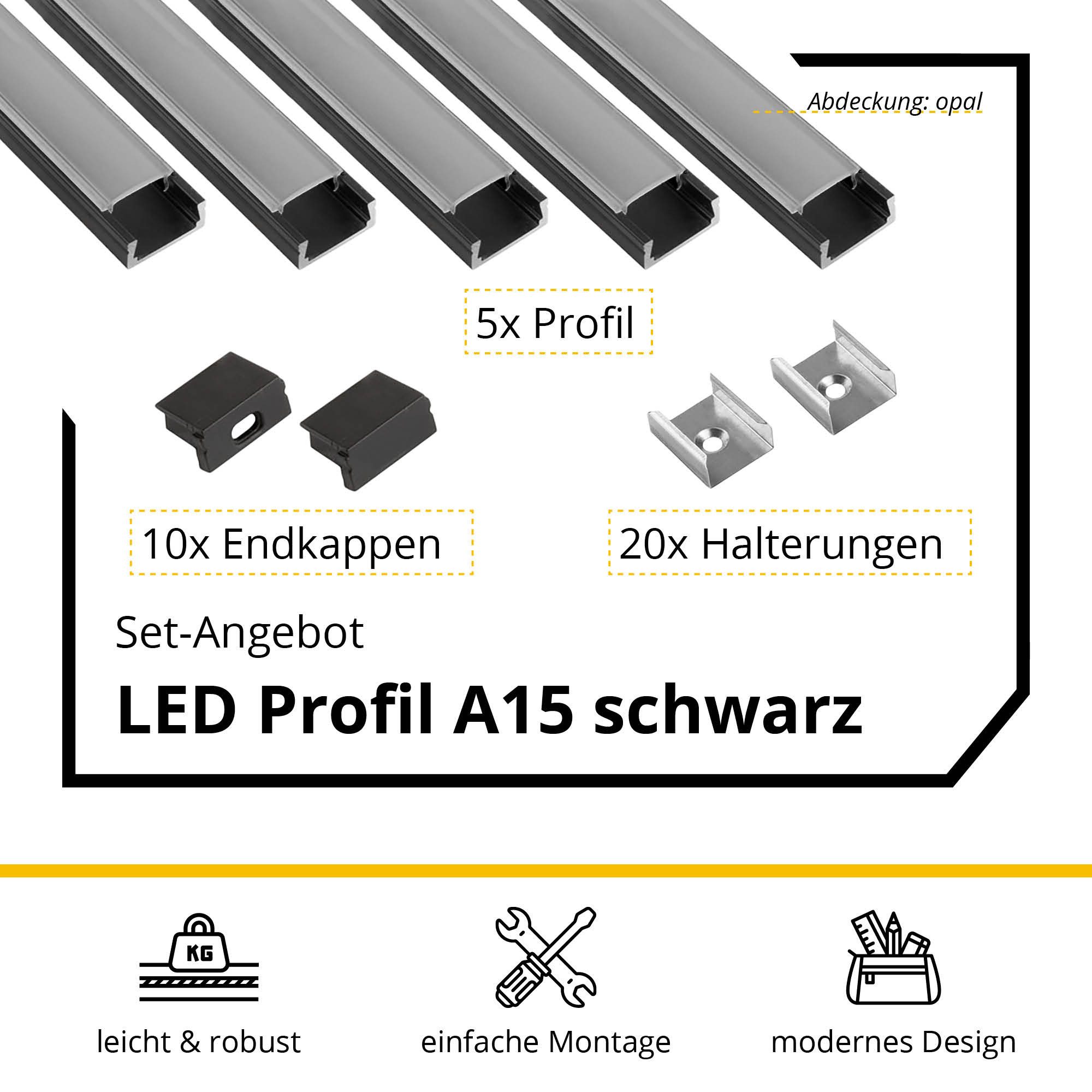 tktrading24 LED-Stripe-Profil 5x A15 LED Profil 2m - Schwarz inkl. Abdeckun günstig online kaufen