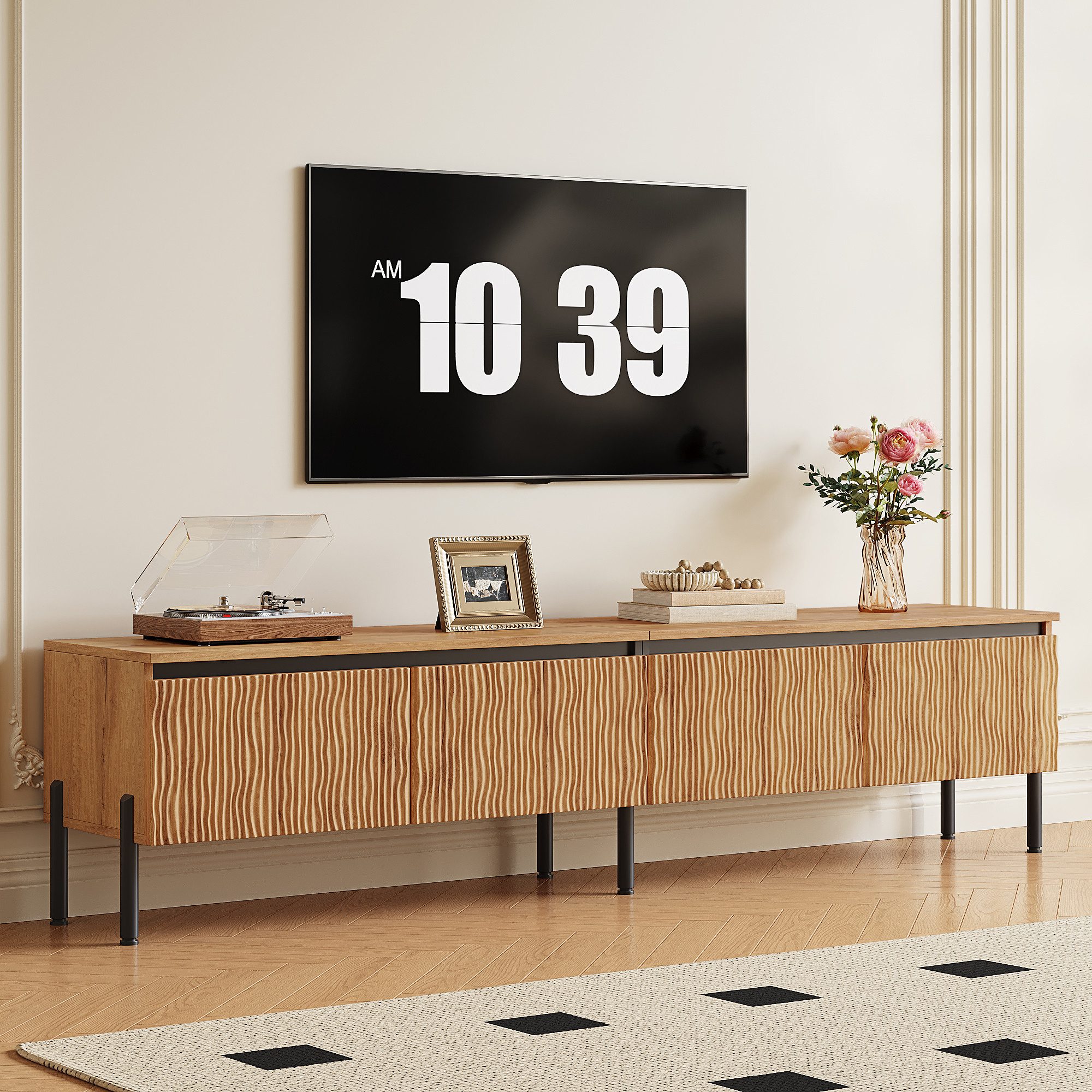 Merax Lowboard mit 4 Wellentüren, Kabelaussparungen,Metallfüßen & Stauraum (1 St), TV-Schrank TV Lowboard TV-Unterkommode, 180Lx35Bx43H cm