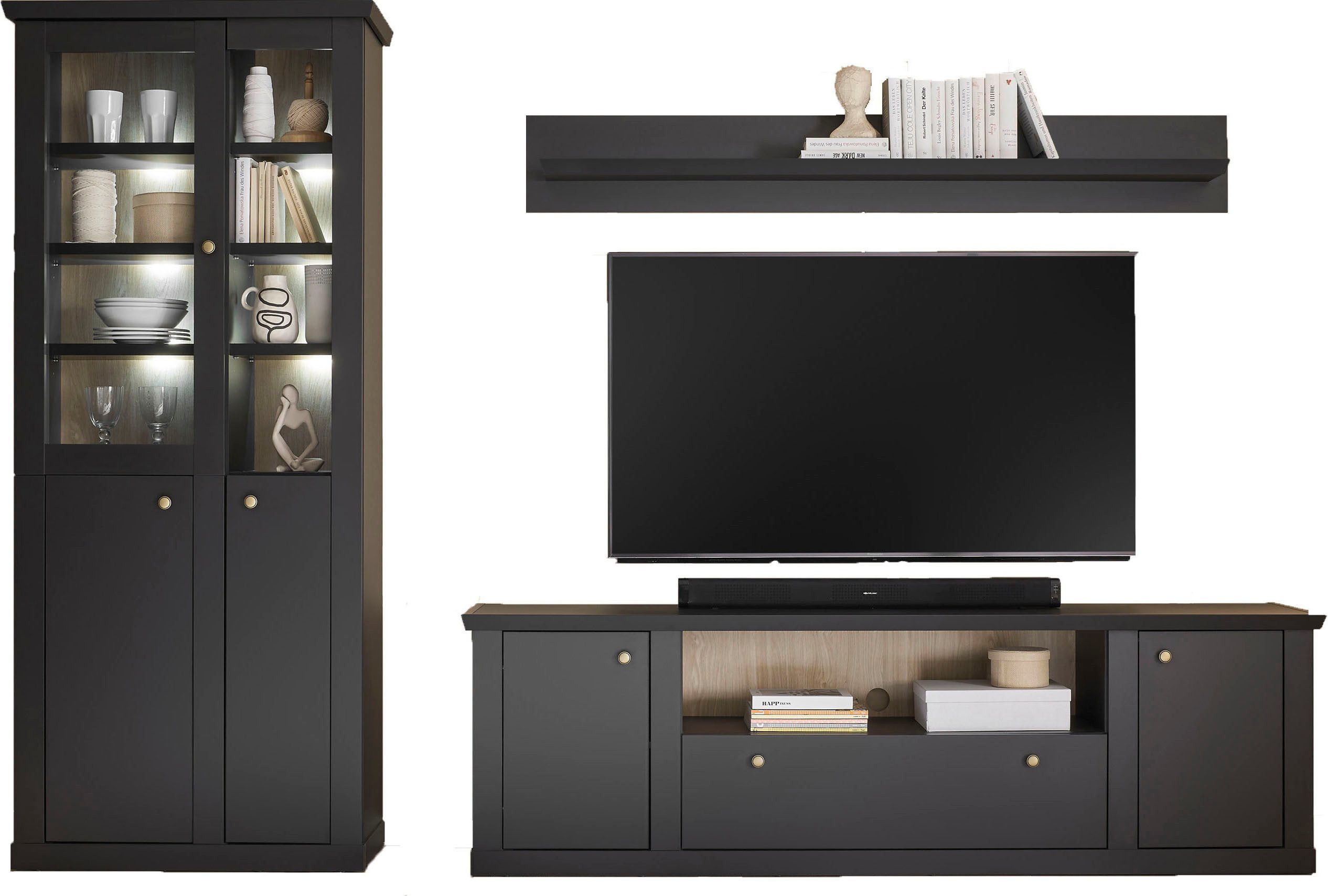 Home affaire Wohnwand Lincoln, moderne Anbauwand, Komplettset im Landhausstil, (Komplett-Set, 3-St), enthält Vitrine, Lowboard und Wandboard, 301 cm breit