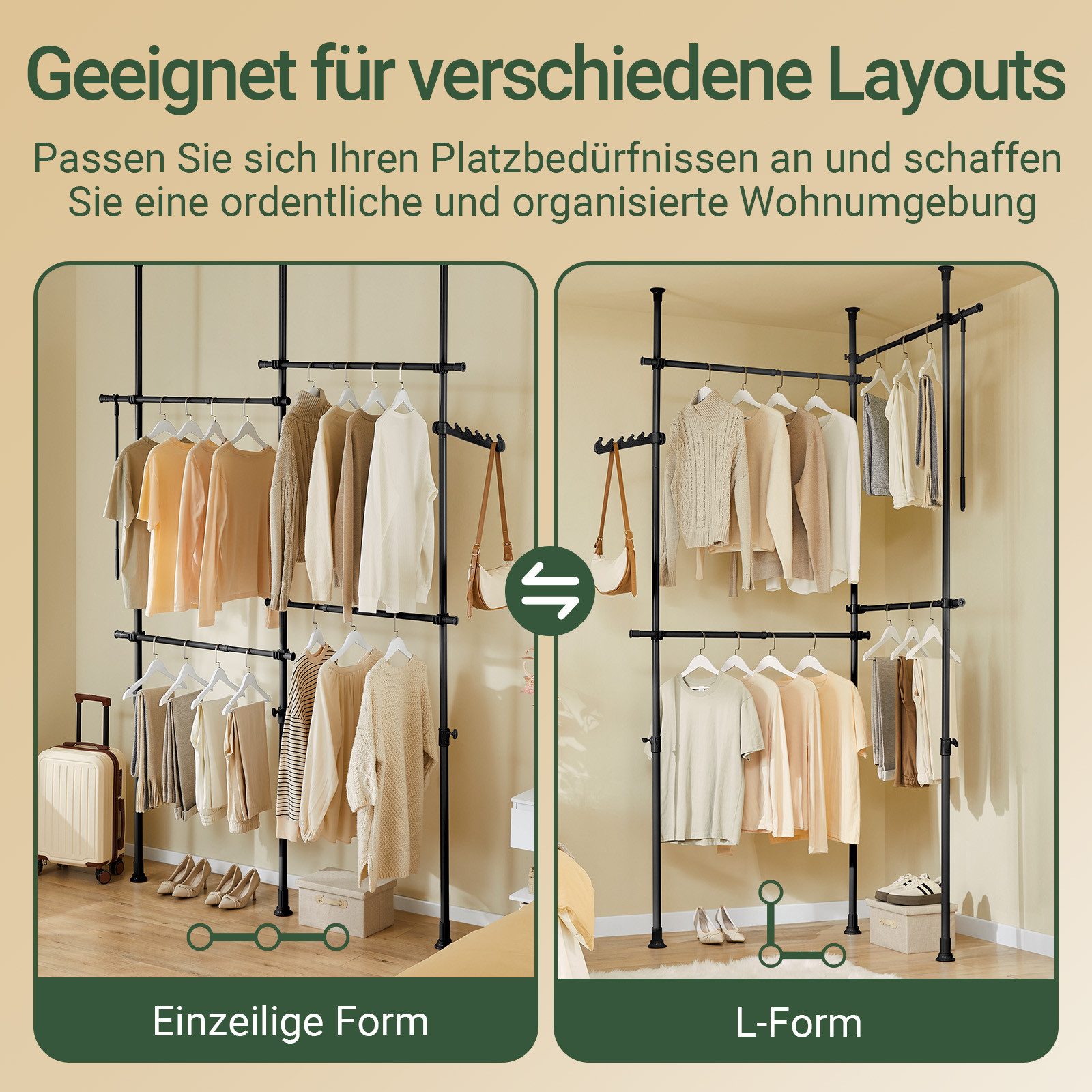 SoBuy Garderobenständer KLS03-II, Teleskop Kleiderständer, offener Kleiderschrank verstellbar, Garderobenständer mit Kleiderstange, freistehende, Schlafzimmer, Flur