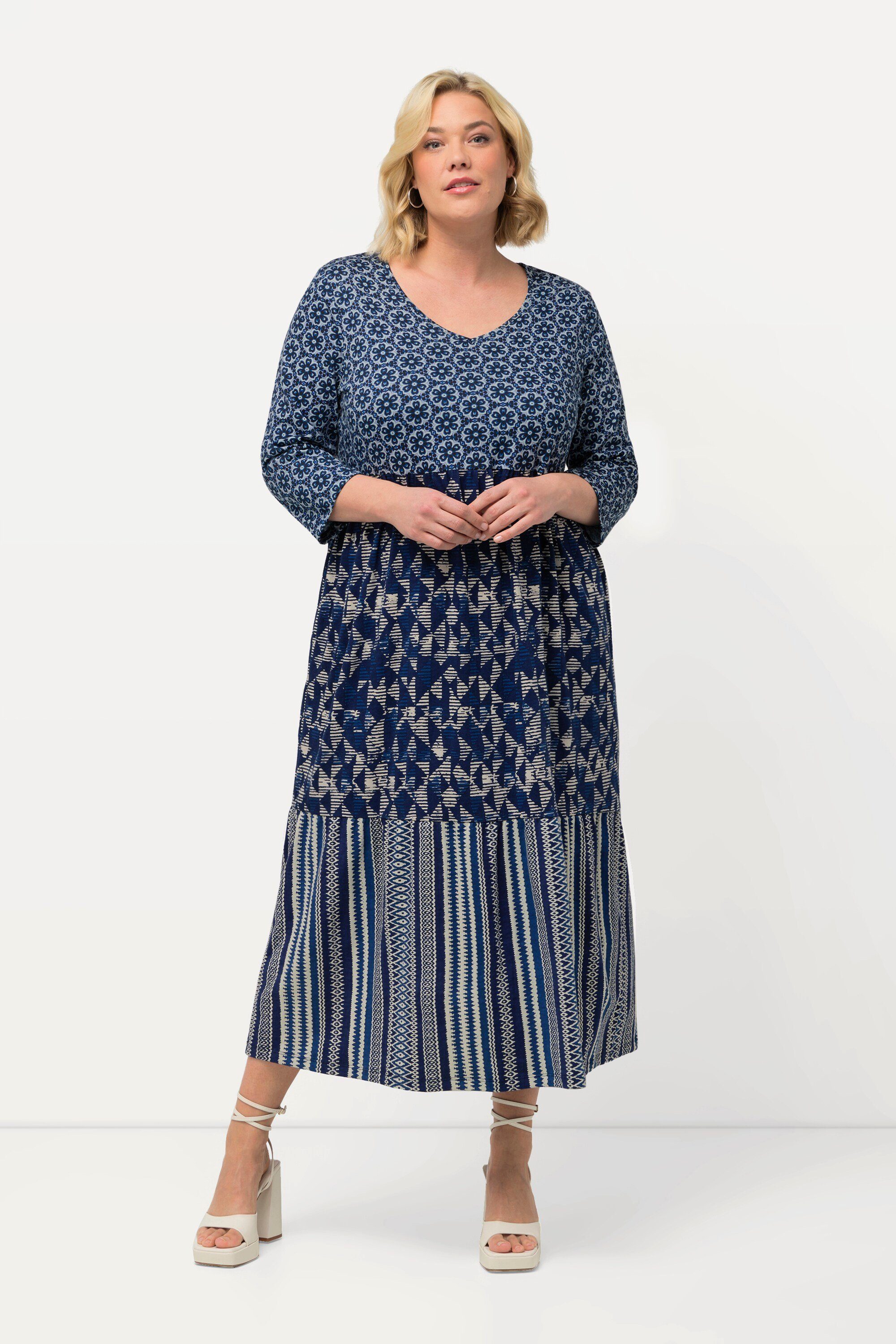Maxikleid Jerseykleid Mustermix A-Linie V-Ausschnitt 3/4-Arm