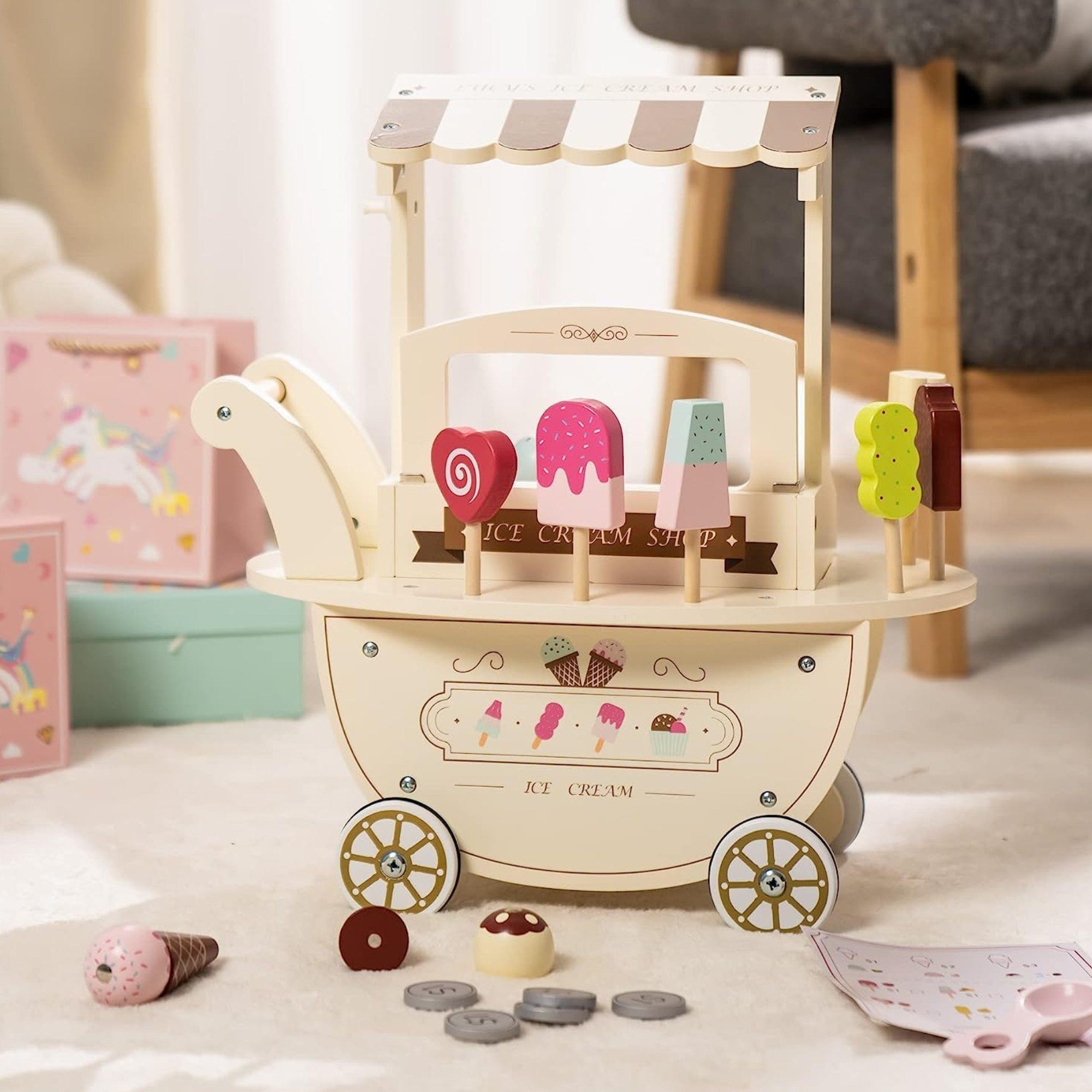 Mamabrum Spielküche Hölzerne Eisdiele für Kinder - Wagen auf Rädern mit  Zubehör