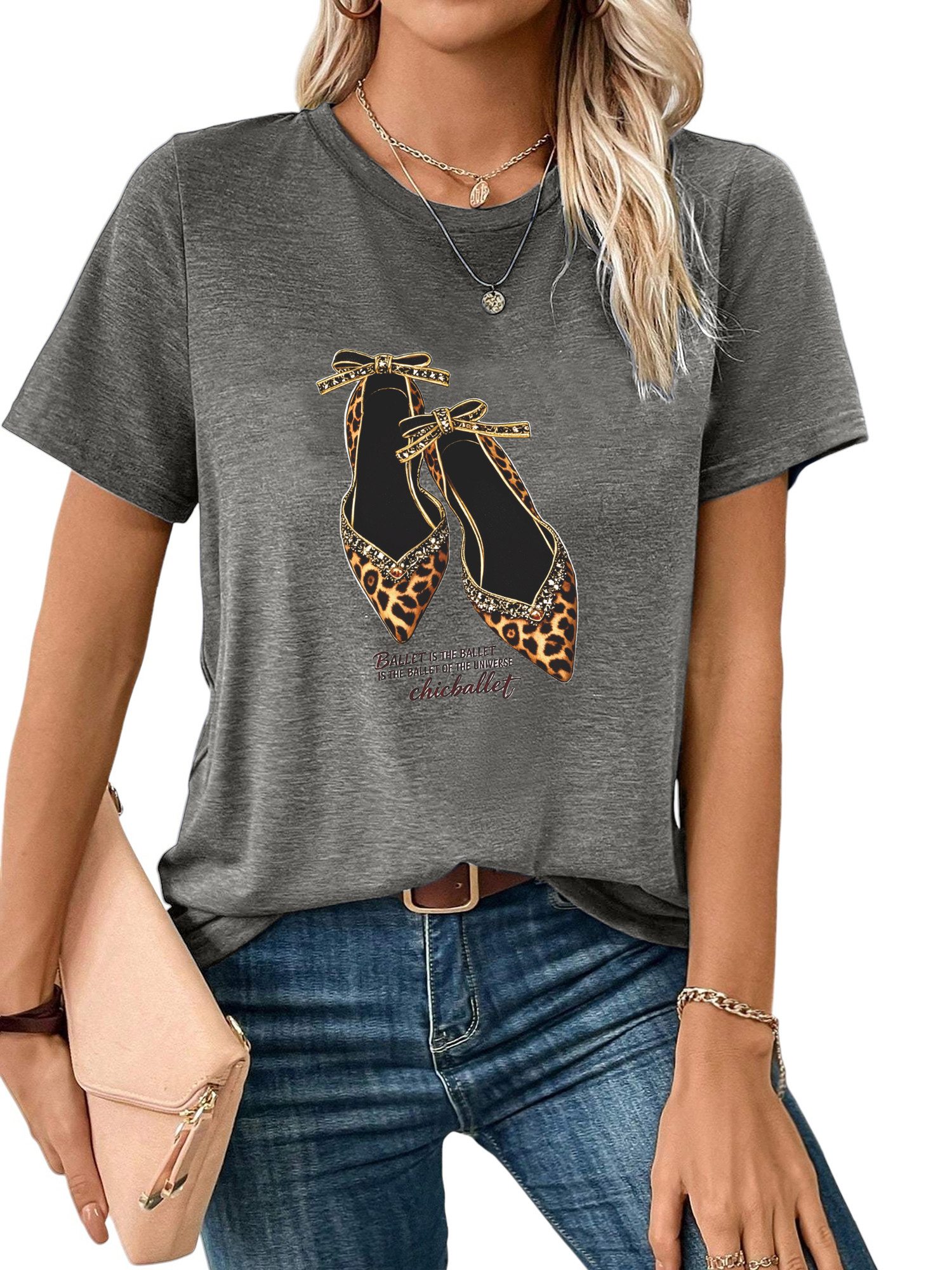 PYLIKE Kurzarmshirt Damen Sommer bequemes t shirt mit Leopardenmuster Print-Shirt Bequem für Freizeit und Büro,Strandurlaub