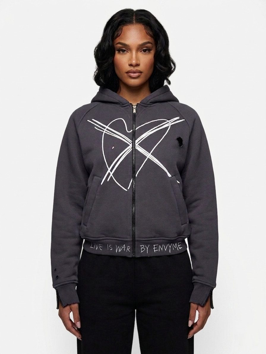 ENVYME Hoodie Kapuzenjacke Zip-Hoodie Herz-Print, Vintage Used-Look