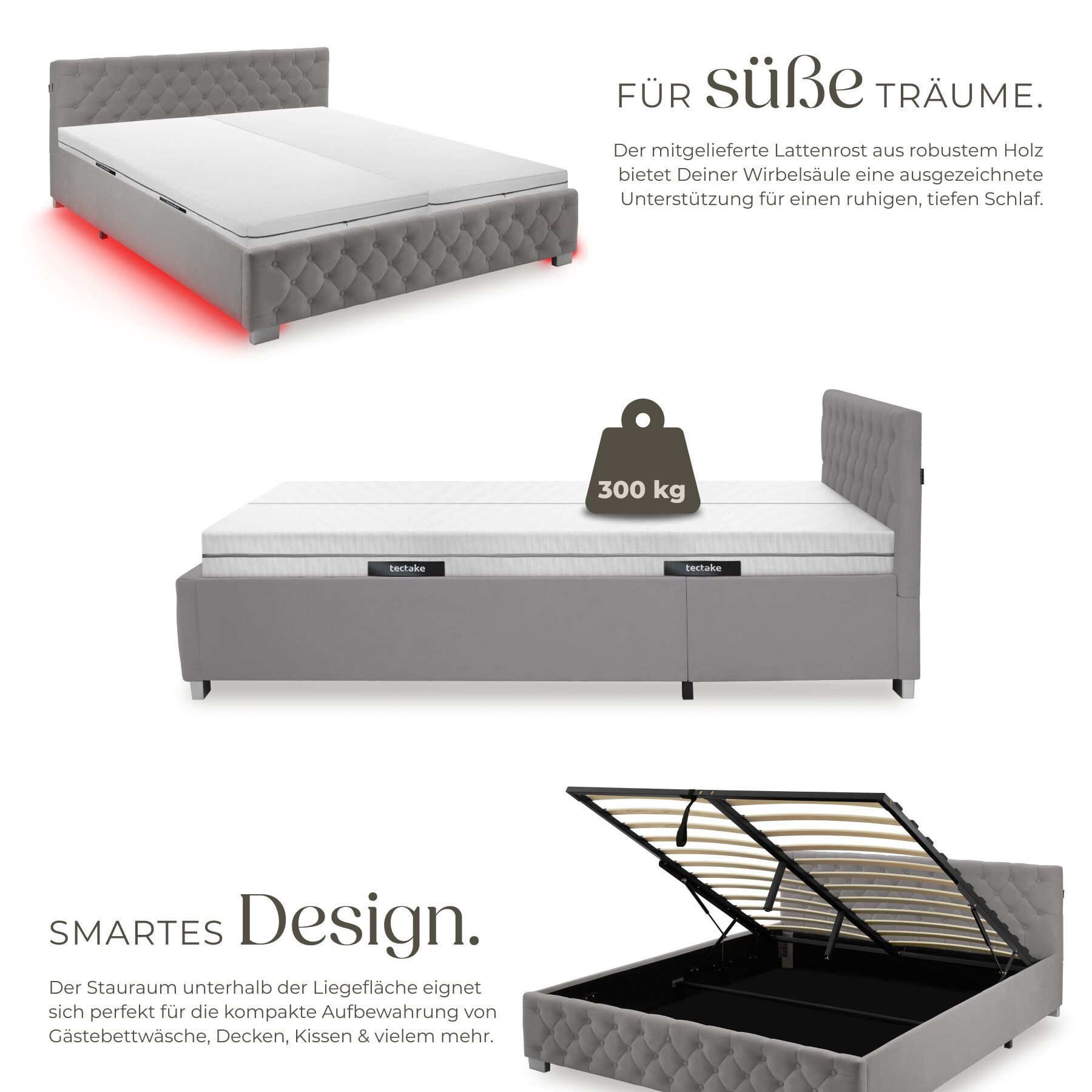 tectake Polsterbett Komfortbett mit LED-Leisten & Stauraum - Samtoptik mit Steppmuster (Bettset mit Matratze, in Dunkelgrau), Matratze mit Komfortschaumkern (wa – Bild 5 von 5