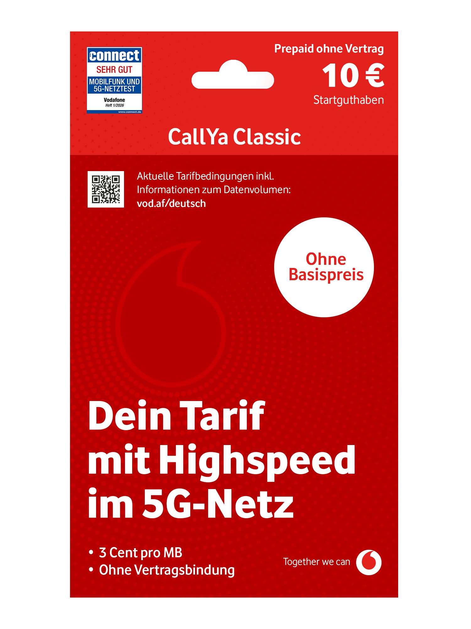 Vodafone CallYa Classic Prepaidkarte, (10 EUR Startguthaben I ohne Vertrag, 5G-Netz, 9 Ct. pro Min/SMS)