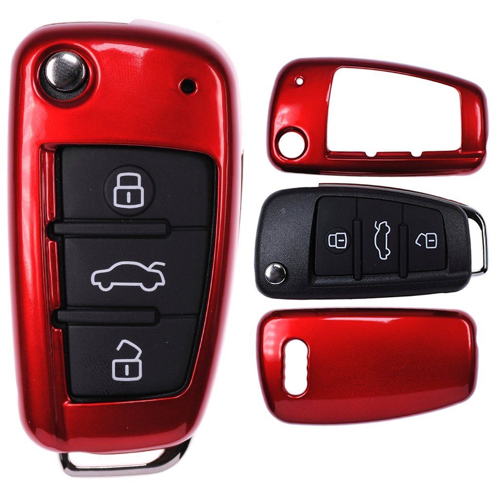 mt-key Schlüsseltasche Autoschlüssel Hardcover Schutzhülle Metallic Rot, für Audi A1 8X S1 A3 8P S3 A6 4F S6 Q7 Klappschlüssel