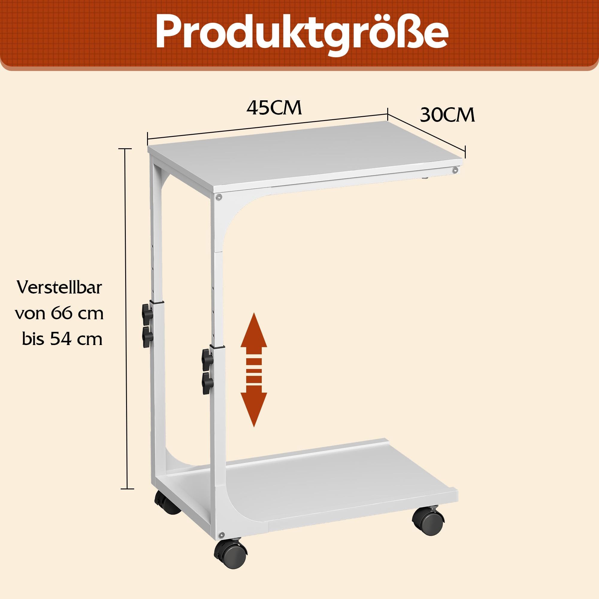 WLIVE Beistelltisch Höhenverstellbar, C Form Sofatisch mit Rollen, Kleiner Couchtisch (1 Tisch), mit 2 Etagen Ablagefach, fürs Wohnzimmer, Schlafzimmer, Balkon