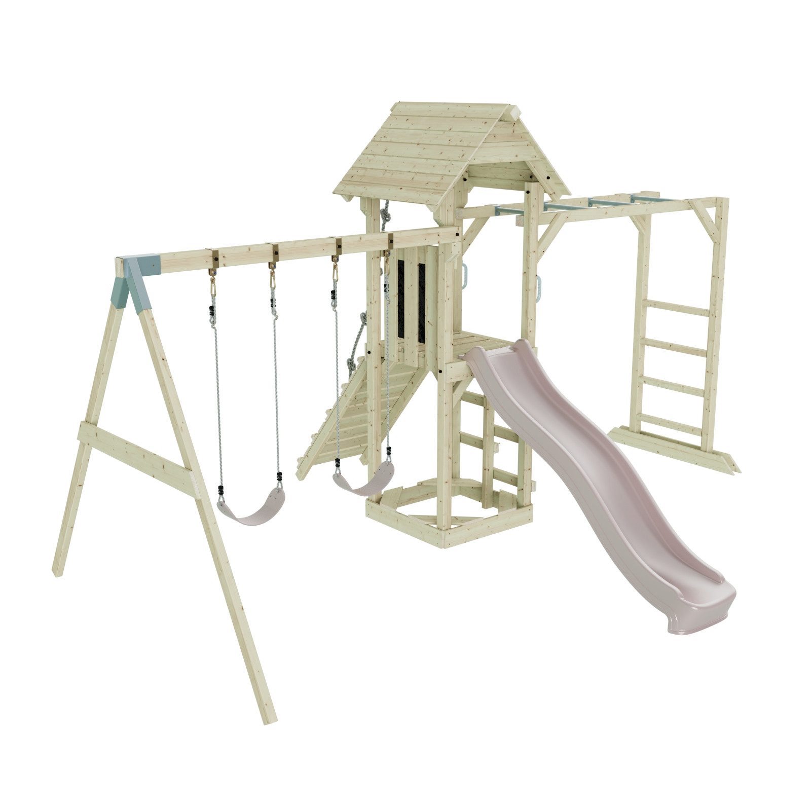 OutdoorToys Spielturm Örebro, aus Holz in Altrosa mit Kinderschaukel & Rutsche