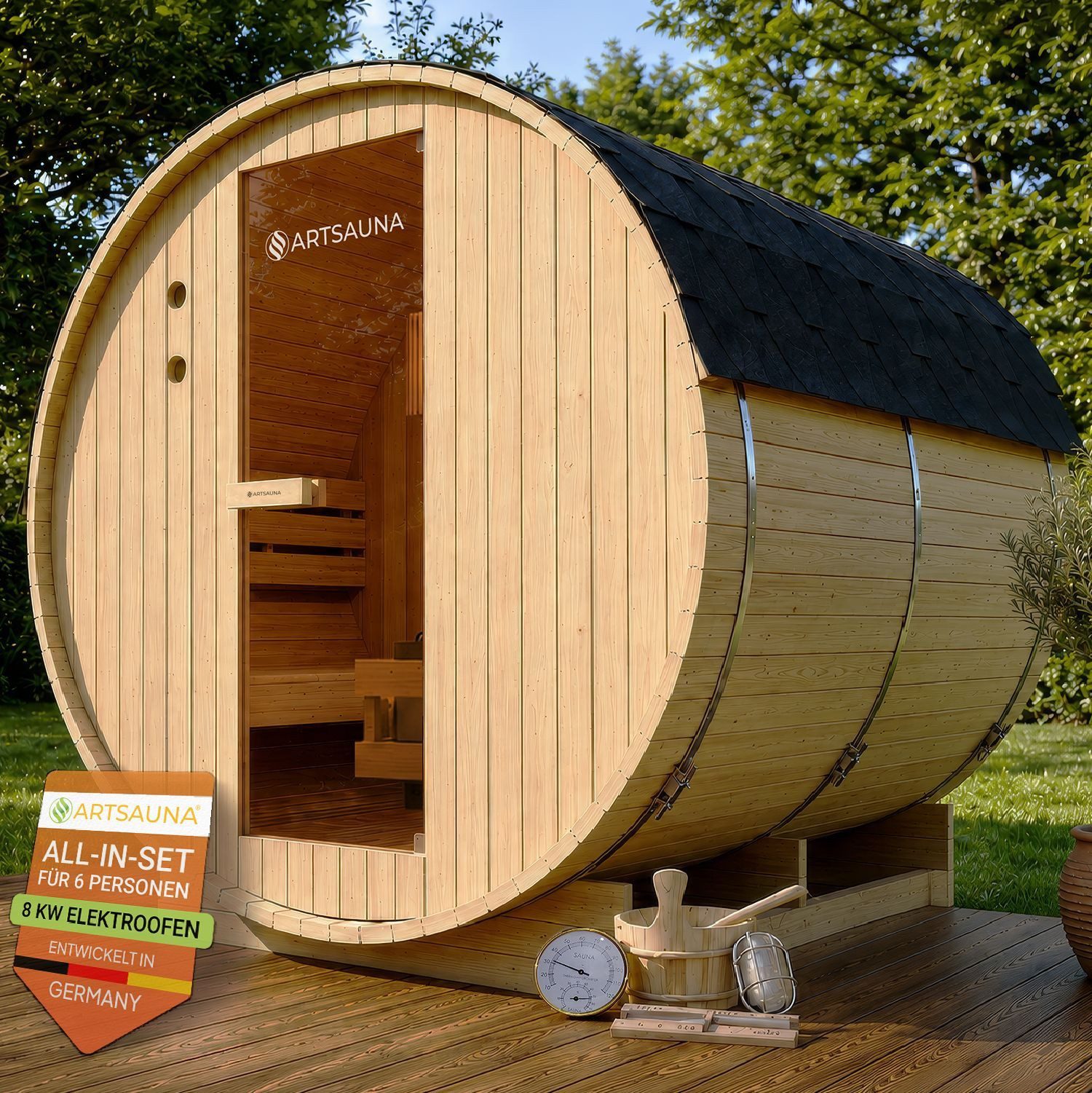 Artsauna Fasssauna Spitzbergen 220, BxTxH: 191 x 220 x 193 cm, für 6 Personen, Fichtenholz, 8 kW Elektro-Ofen, Komplett-Set