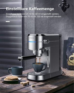 MAEREX Espressomaschine, 1.25l Kaffeekanne, Kaffeemaschine Milchaufschäumer Edelstahl 15 Bar