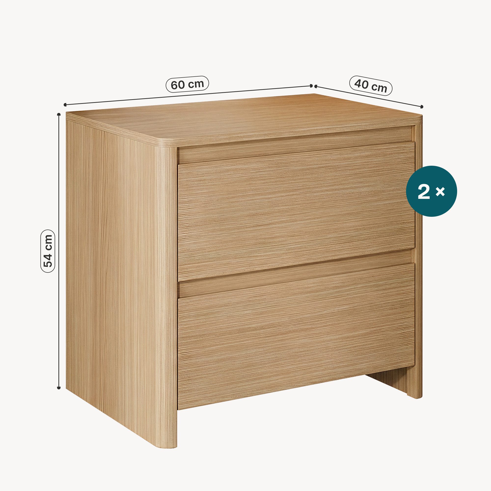 en.casa Nachtschrank »Takranmaa« 2er Set mit 2 Schubladen 54 x 60 x 40 cm Eicheoptik