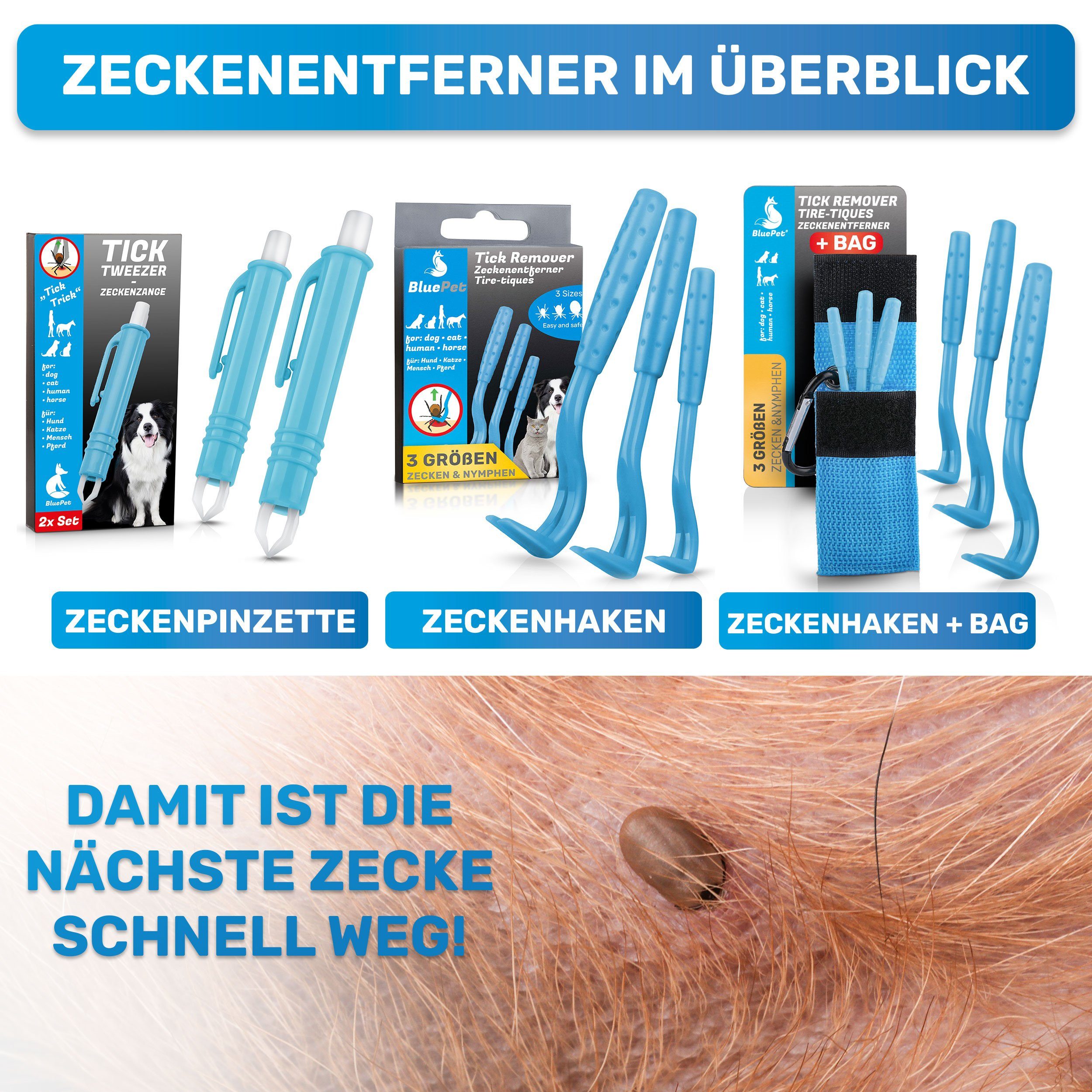 BluePet Zeckenpinzette Zeckenentferner, für "Tick-Trick" Set Tiere Tasche 3er mit Zeckenentfernung Zeckenhaken Blau Menschen und