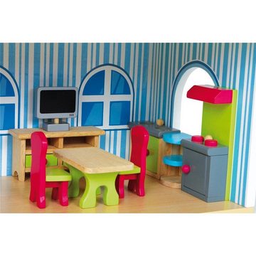 LeNoSa Puppenhaus 3 Etagen Holz-Puppenhaus • Variabel • Spielwelt Deluxe für Kinder, • inkl. 22tlg. Mobiliar