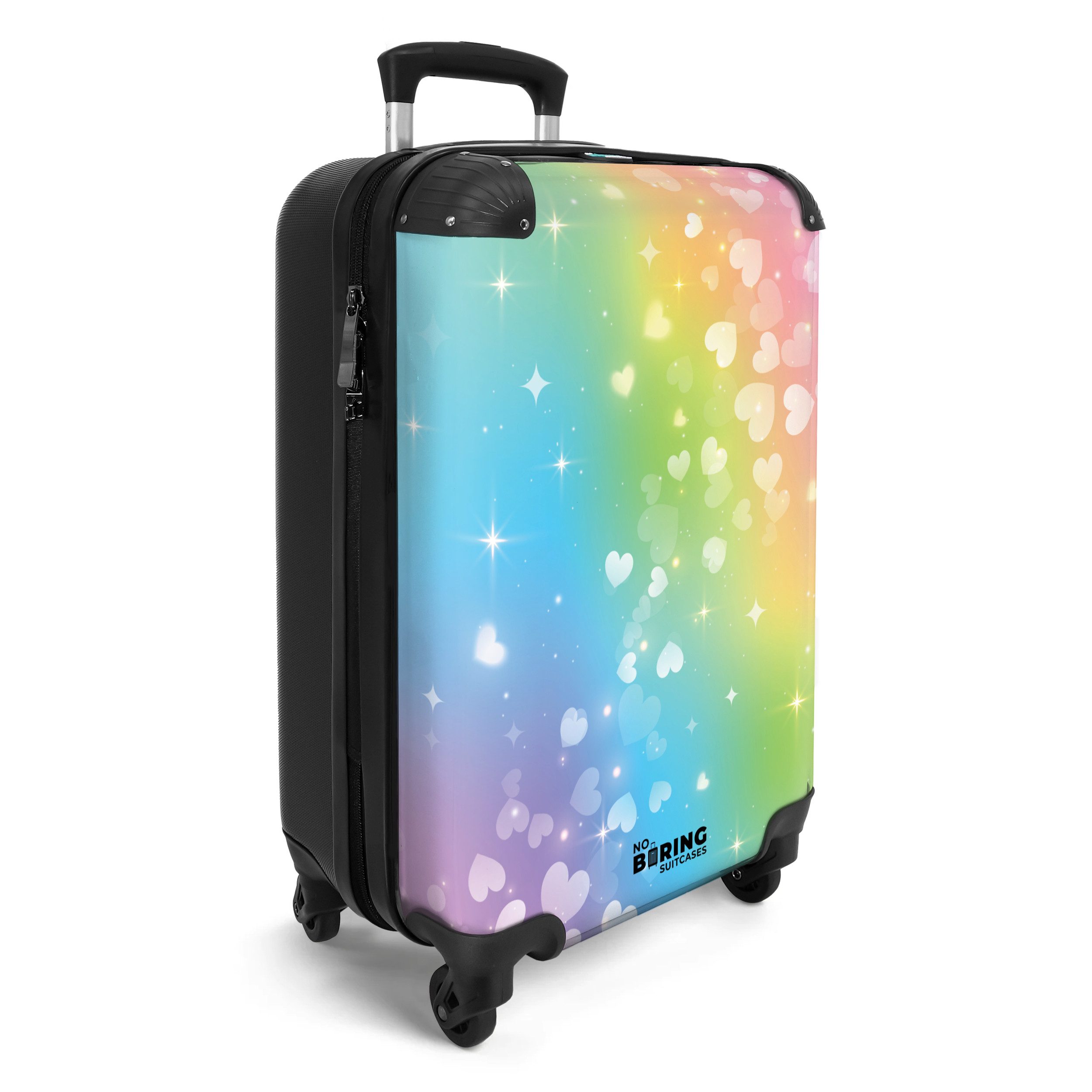 NoBoringSuitcases.com© Kinderkoffer Herzen für Regenbogen-Hintergrund 55x35x20cm, 4 Rollen, Reisetasche mit Rollen, Koffer Handgepäck Flugzeug