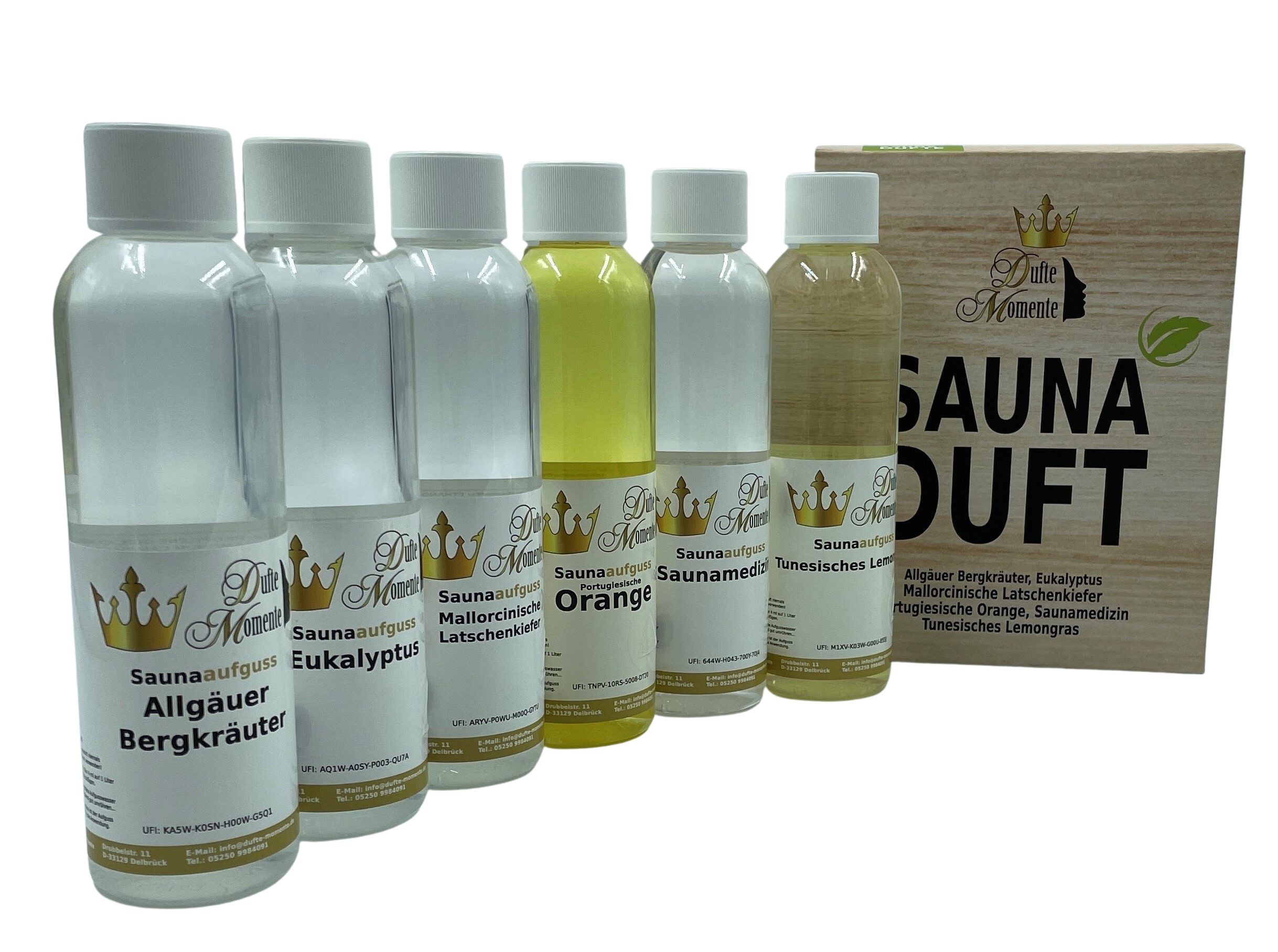 Dufte Momente Sauna-Aufgussset 6 x 250ml "Klassische Düfte" (6-tlg) 100%  naturreine und natürliche ätherische Öle