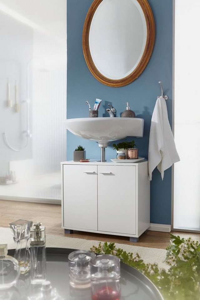 FINEBUY Waschbeckenunterschrank FB37117 (Badunterschrank 60x55x30 cm Weiß  mit 2 Türen) Waschtischunterschrank Modern, Badschrank Stehend