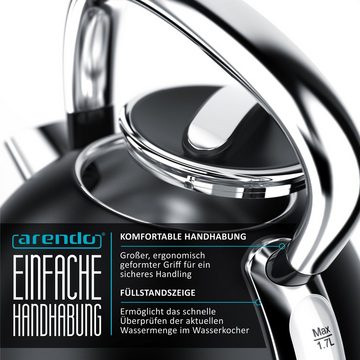 Arendo Wasserkocher, 1,7 l, 2200 W, Edelstahl Retrostyle Vintage, LED Temperaturanzeige, schwarz matt