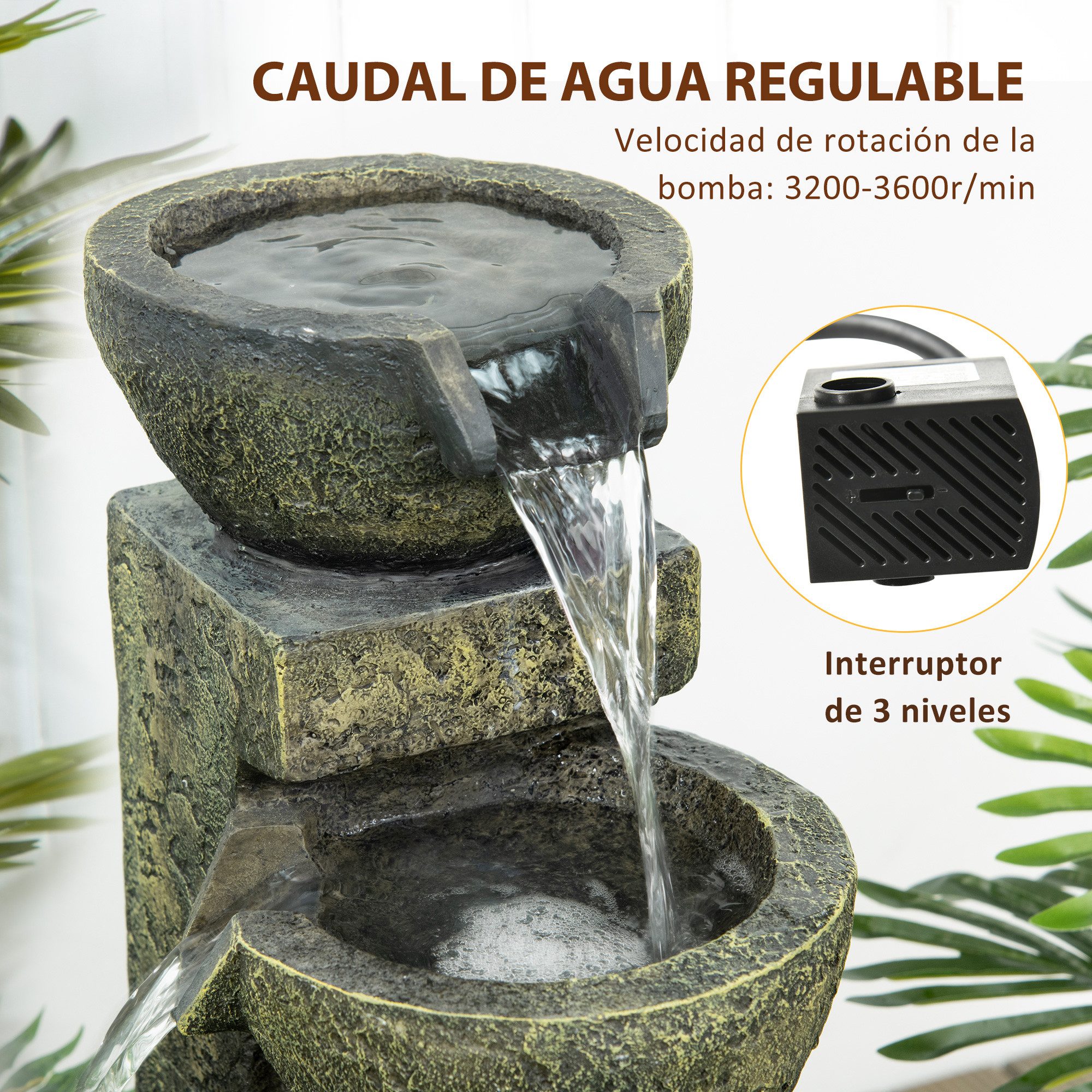 kowdom Gartenbrunnen Gartenbrunnen 4-stufig, Kaskade, regelbar, 60 cm, mehrfarbig, 24 cm Breite, (Gartenbrunnen, Einzelbrunnen mit Pumpe), Gartenbrunnen, 4-stufig, Kaskade, regelbarer Wasserfluss