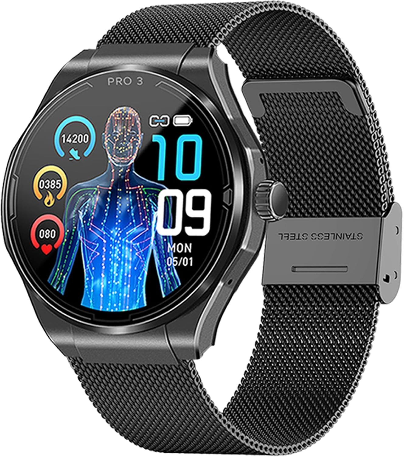 Knauermann PRO 3 Smartwatch (4,2 cm, android ios), Gesundheits Smartwatch mit Notruffunktion AMOLED Display