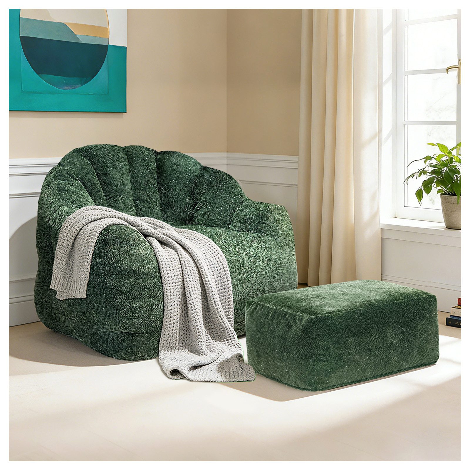 VUZINIC Relaxsessel Überdimensionaler Korbhocker mit Fußhocker, Hochdichte Schaumfüllung (Set, 2-St), weicher Textil-Loungesessel für Wohn- & Schlafzimmer, Grün