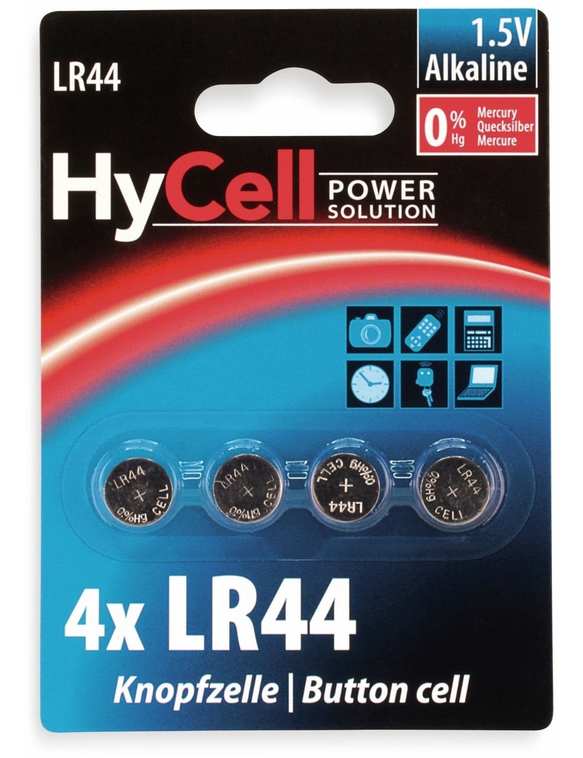 HyCell HYCELL Knopfzelle LR44, Alkaline, 1,5 V-, 4 Stück Knopfzelle